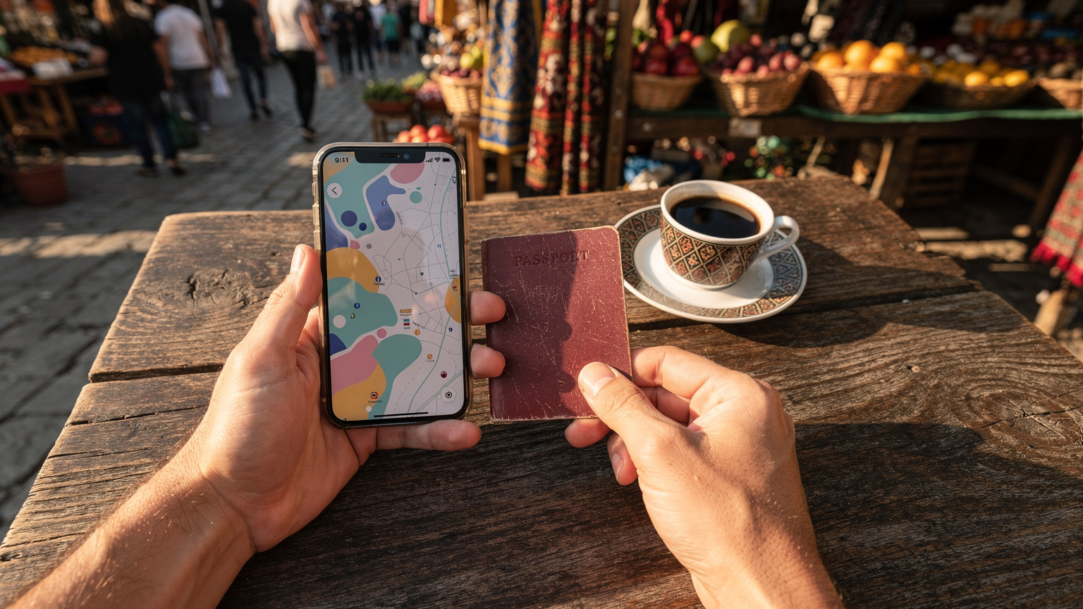 Χέρια κρατούν ένα smartphone με μια διεπαφή εφαρμογής χαρτών, ενώ ένα διαβατήριο και ένα φλιτζάνι καφέ βρίσκονται σε ένα τραπέζι ενός εξωτερικού καφέ στα Βαλκάνια, με ένα πολυσύχναστο παζάρι στο παρασκήιο.