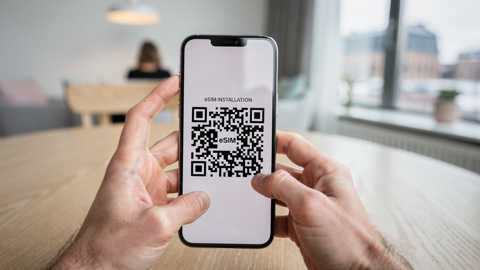 Närbild på händer som håller en smartphone med Cellesims app öppen, visar en QR-kod redo för eSIM-installation i en ljus och modern interiör.