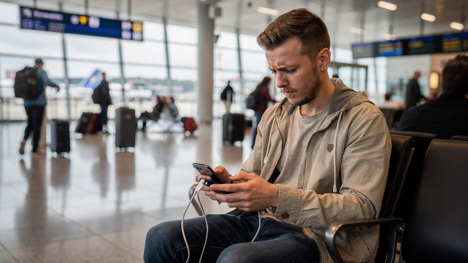En person försöker ladda sin smartphone med en powerbank i en hektisk miljö på Arlanda flygplats, med resväskor och folkmassor i bakgrunden.