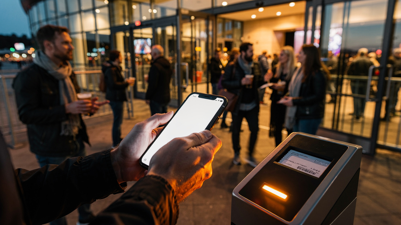 En resenär med smartphone, i färd med att checka in till en konsert vid en digital biljettläsare, med en folkmassa i bakgrunden vid en arenaingång i Stockholm.