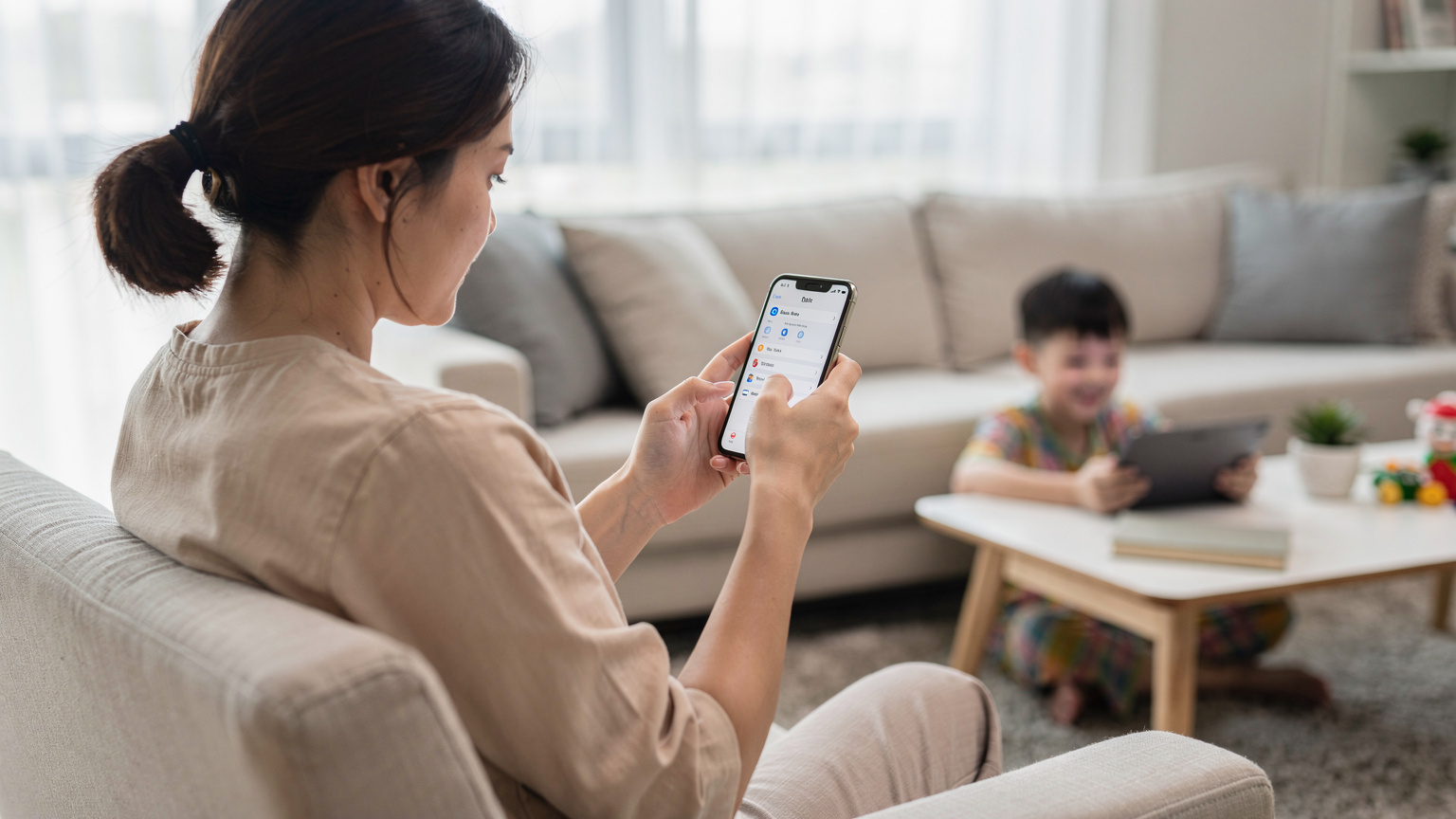 Một người mẹ Việt Nam đang kiểm tra cài đặt 'Thời gian sử dụng' trên iPhone của mình, với hình ảnh một cậu bé khoảng 6 tuổi đang chơi game trên iPad ở hậu cảnh, thể hiện sự quản lý của phụ huynh.