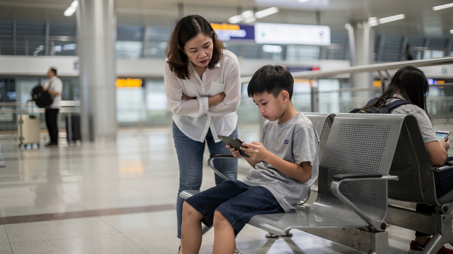 Một bé trai Việt Nam khoảng 9 tuổi đang dán mắt vào chiếc iPad, chơi một trò chơi điện tử, trong khi người mẹ đang nhìn bé với vẻ mặt lo lắng về thời gian sử dụng màn hình, tại một khu vực công cộng như ga tàu điện ngầm.