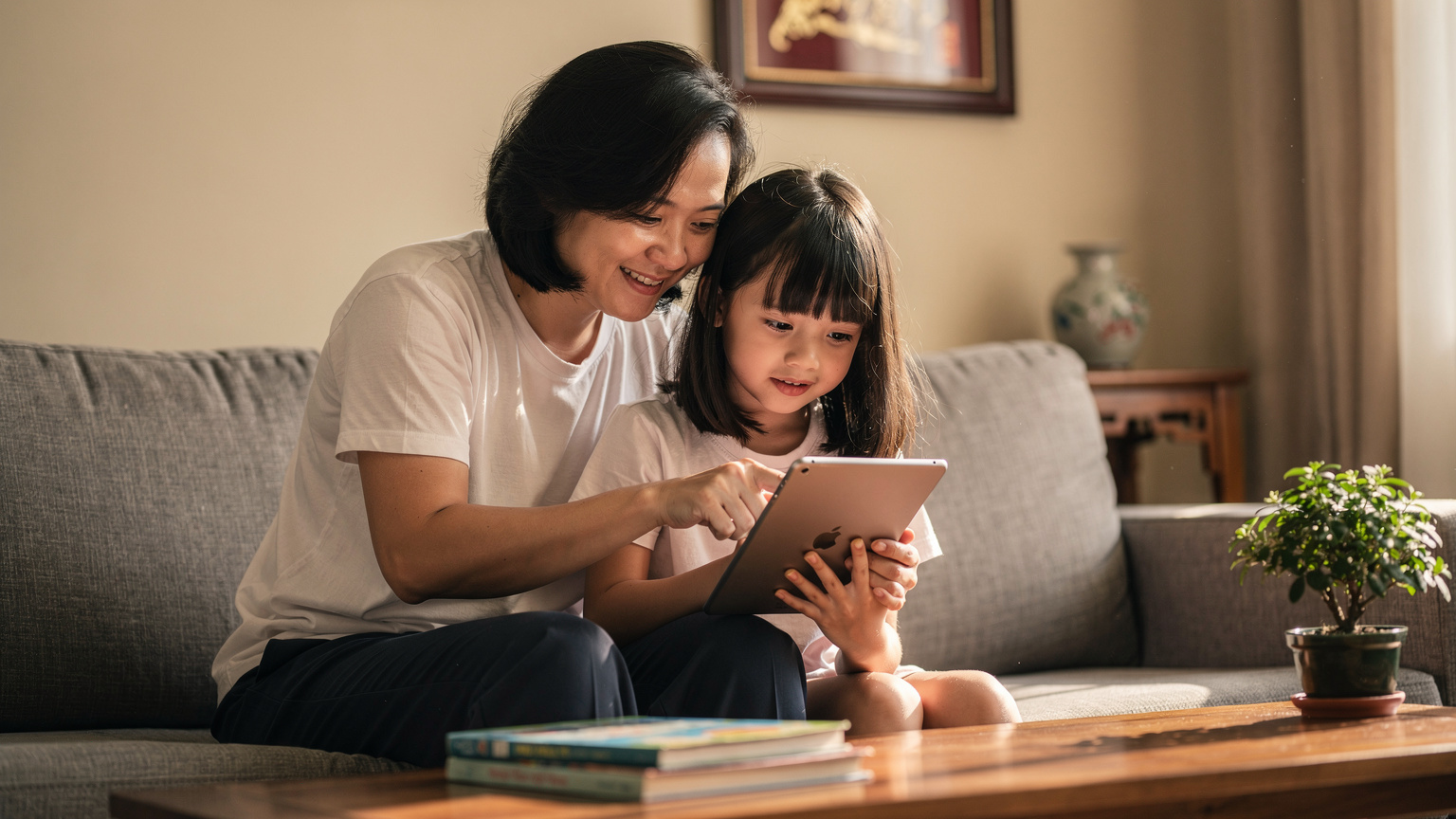 Một người phụ huynh Việt Nam đang mỉm cười hướng dẫn con gái khoảng 8 tuổi của mình cách tải các ứng dụng giáo dục và giải trí trên iPad, trong không gian phòng khách ấm cúng với ánh sáng tự nhiên từ cửa sổ.