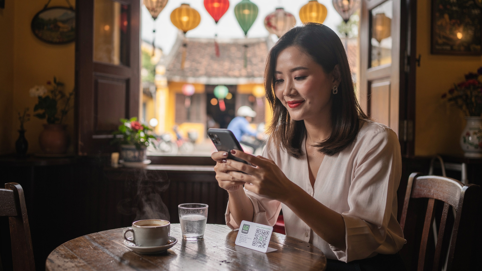 Một phụ nữ Việt Nam đang ngồi thư giãn tại một quán cà phê cổ kính ở Hội An, tay cầm chiếc iPhone và quét mã QR để kích hoạt eSIM du lịch của mình, phía xa là phố cổ đặc trưng.