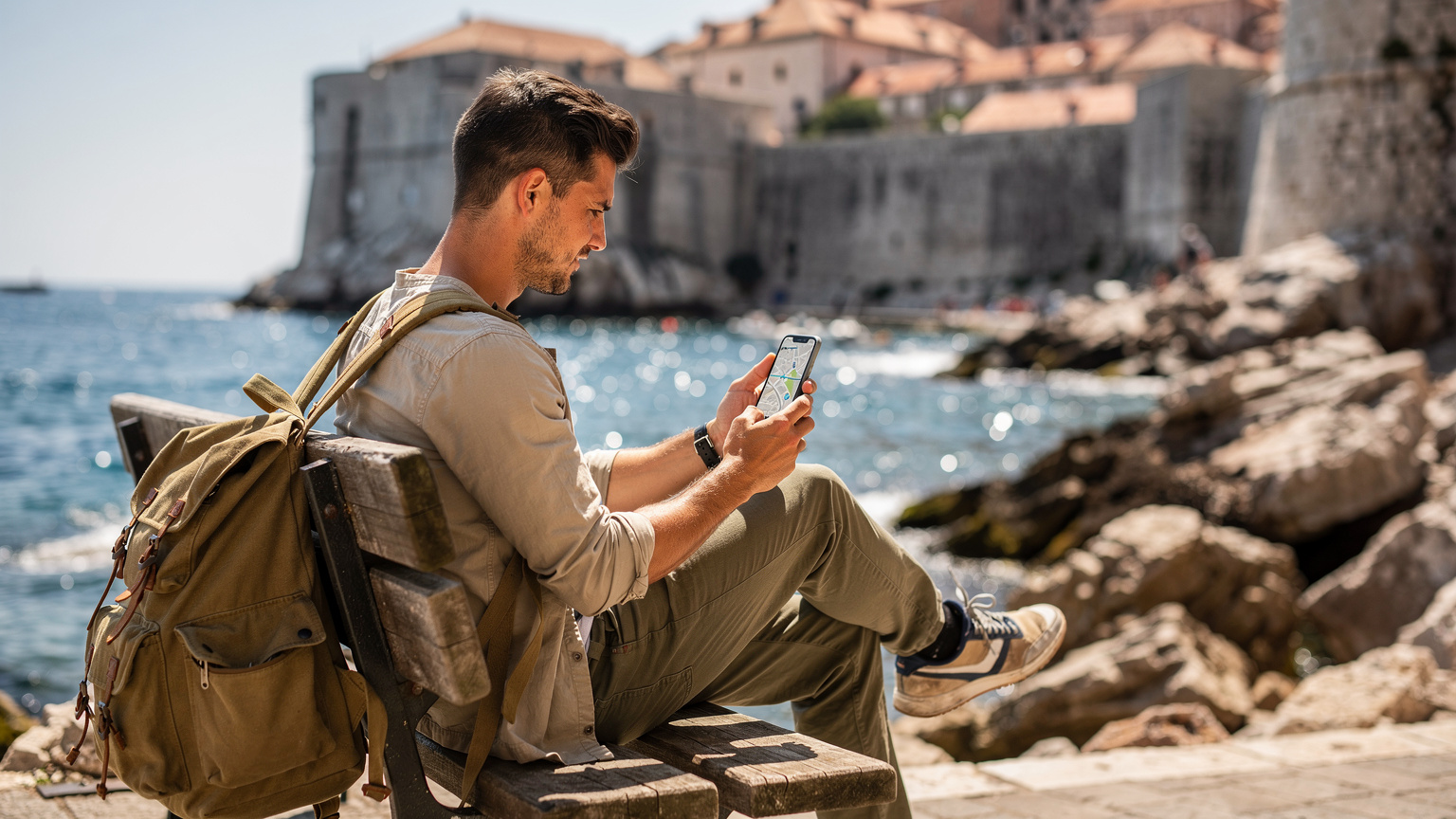 Ein Reisender sitzt auf einer Holzbank am Meer in Dubrovnik, Kroatien, und schaut auf sein Smartphone, um seine Route zu überprüfen.