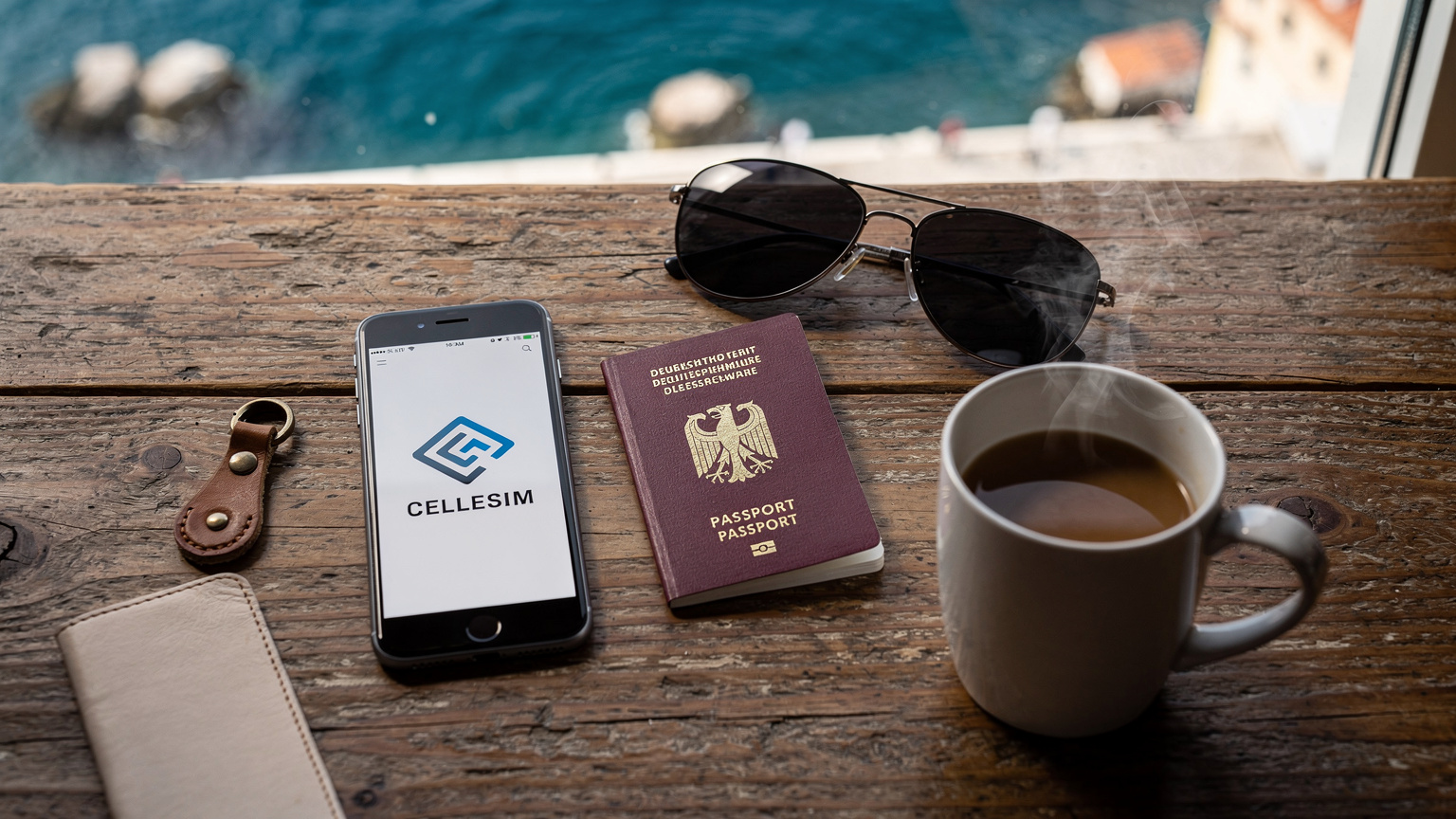 Ein Overhead-Flat-Lay-Foto von Reiseutensilien: ein Smartphone mit einer geöffneten Cellesim-App, ein Reisepass, eine Sonnenbrille und eine Tasse Kaffee auf einem Holztisch mit Blick auf eine Adriaküste im Hintergrund.