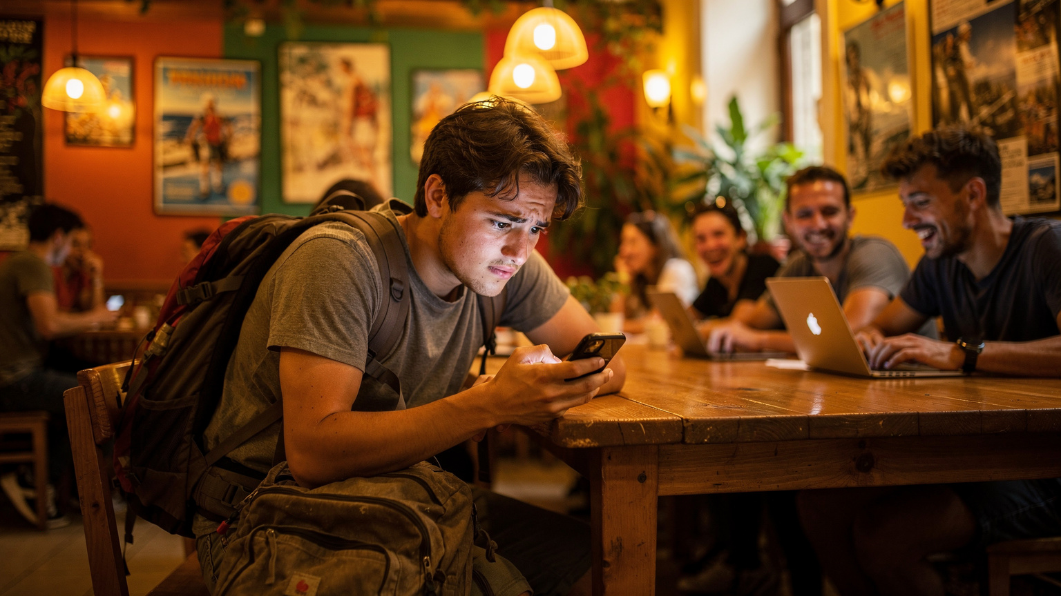Ein Reisender sitzt in einem lebhaften Hostel-Gemeinschaftsraum in Split, Kroatien, schaut besorgt auf sein Smartphone, das eine Fehlermeldung anzeigt, während andere Reisende um ihn herum fröhlich chatten.