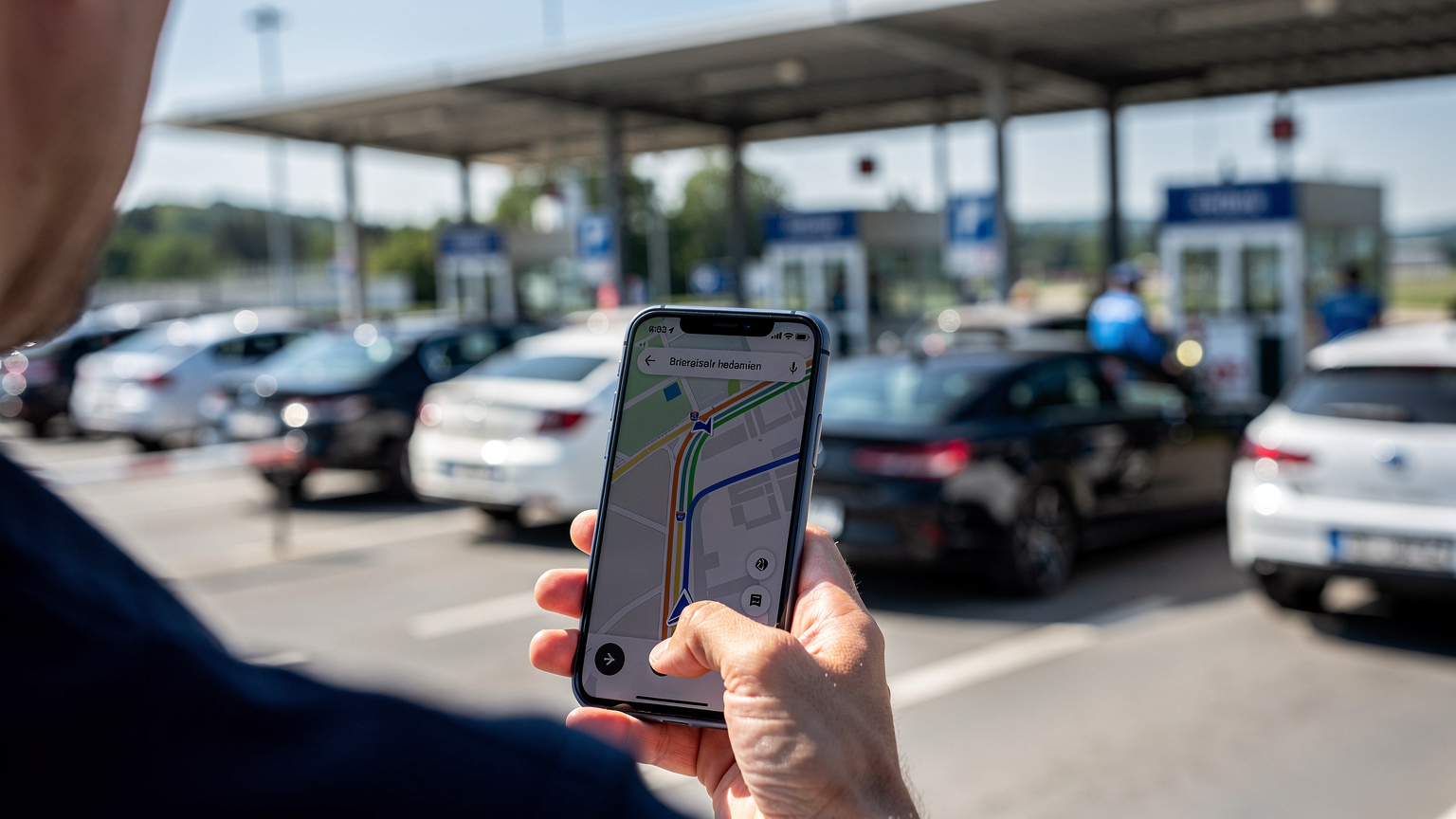 Ein Reisender hält sein Smartphone mit einer geöffneten Karten-App in der Hand, während er an einem Grenzübergang in Slowenien steht, mit Autos und einem Grenzposten im Hintergrund.