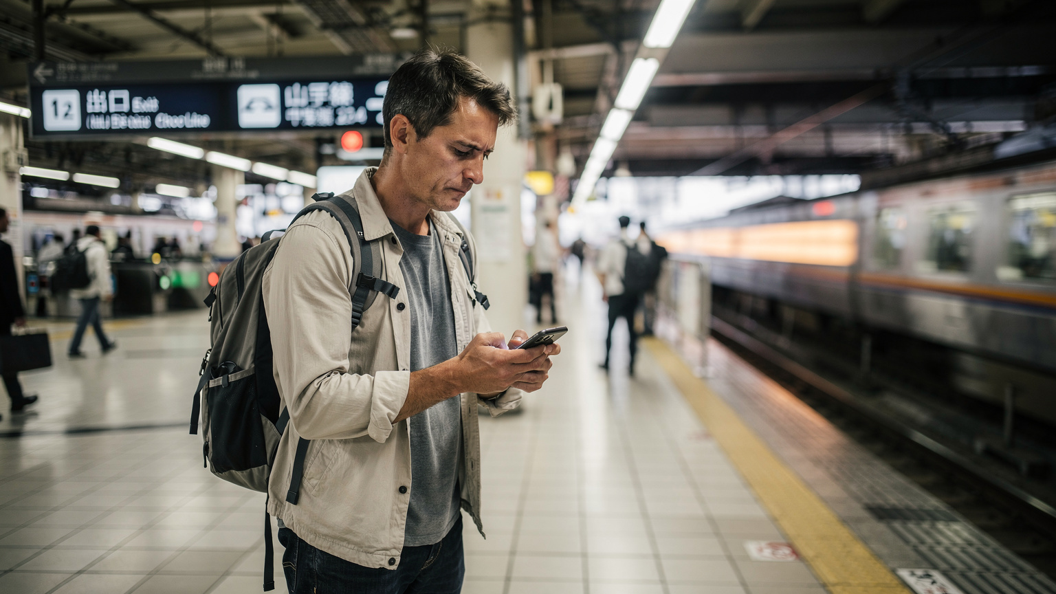 A traveler looking perplexed at their phone screen inside a crowded train station in Tokyo, hinting at potential connectivity or navigation challenges.