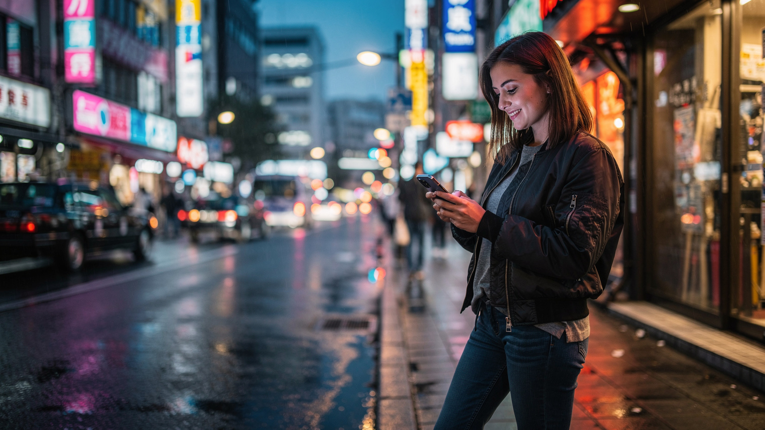 A traveler, seen from behind, looking at their smartphone while standing on a busy street in Shinjuku, Tokyo, with neon signs and tall buildings in the background.