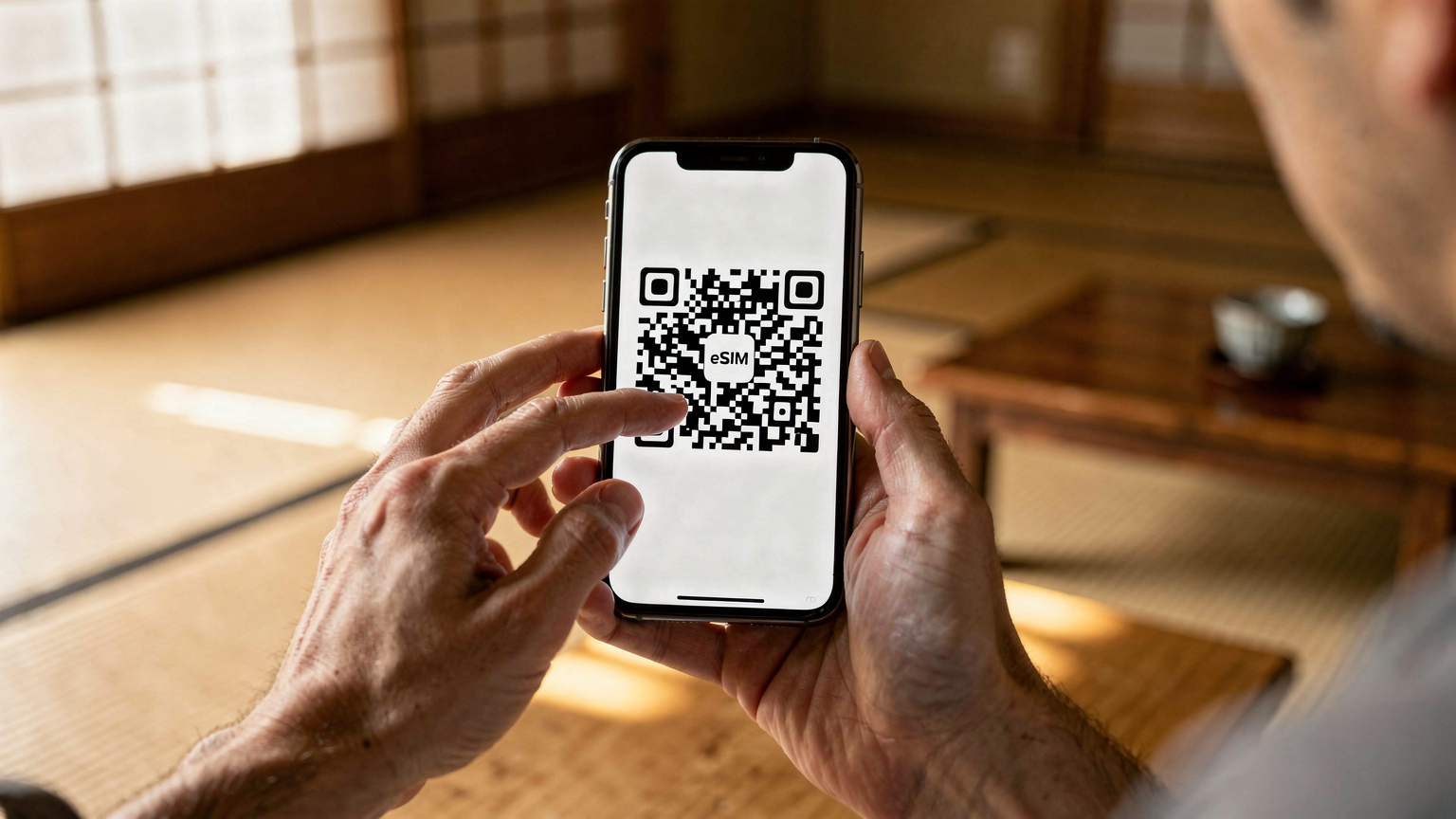A close-up of human hands interacting with a smartphone screen, displaying a QR code for eSIM activation, with a blurred background of a traditional Japanese tea house interior.