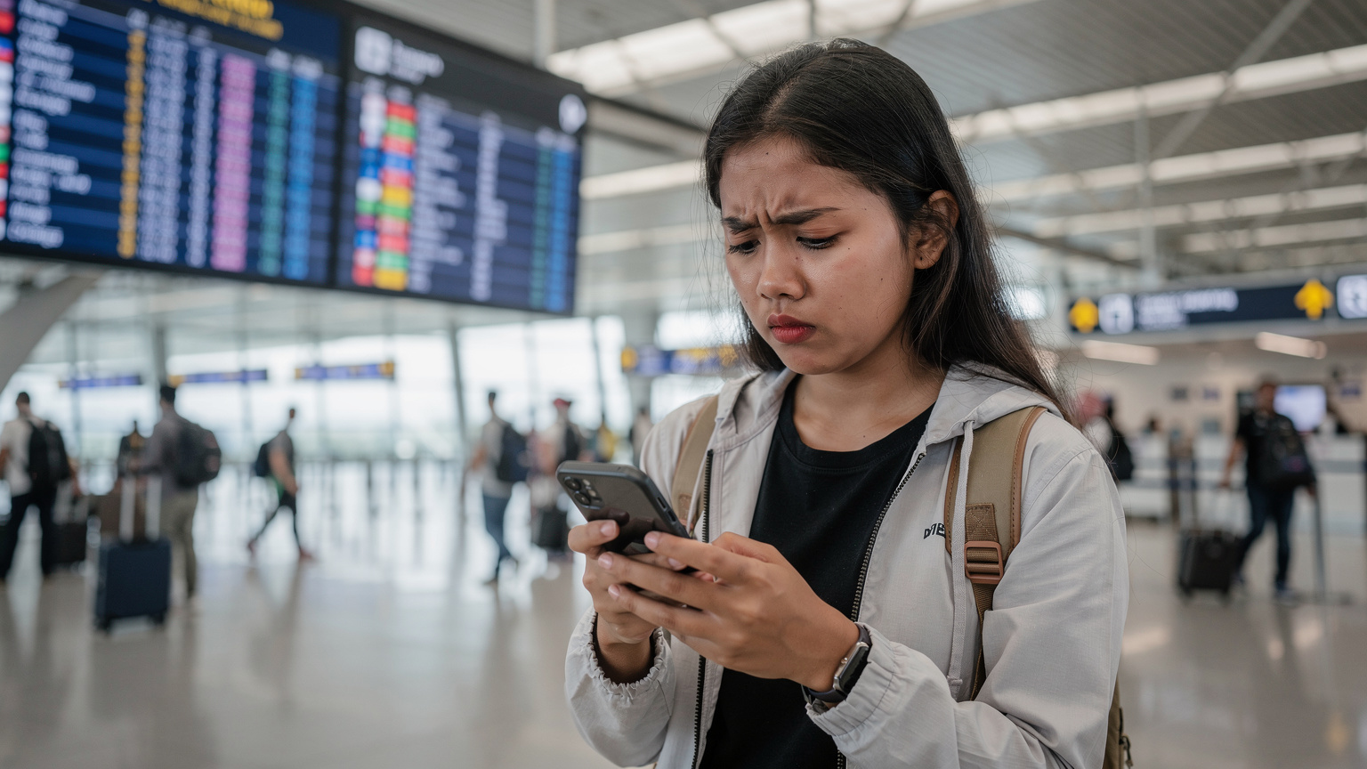Seorang traveler muda Indonesia tampak frustrasi di Bandara Changi Singapura, memegang ponselnya yang tidak tersambung ke jaringan, dengan latar belakang papan informasi penerbangan yang ramai.