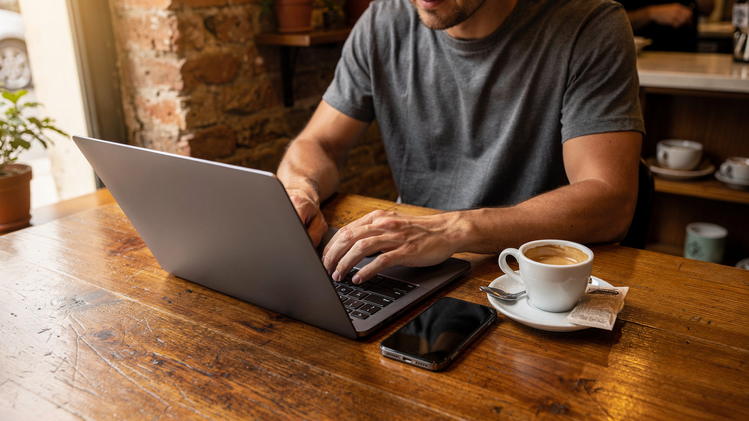 Uma pessoa trabalhando em um laptop em uma cafeteria aconchegante em Lisboa, com uma xícara de café e um smartphone ao lado.