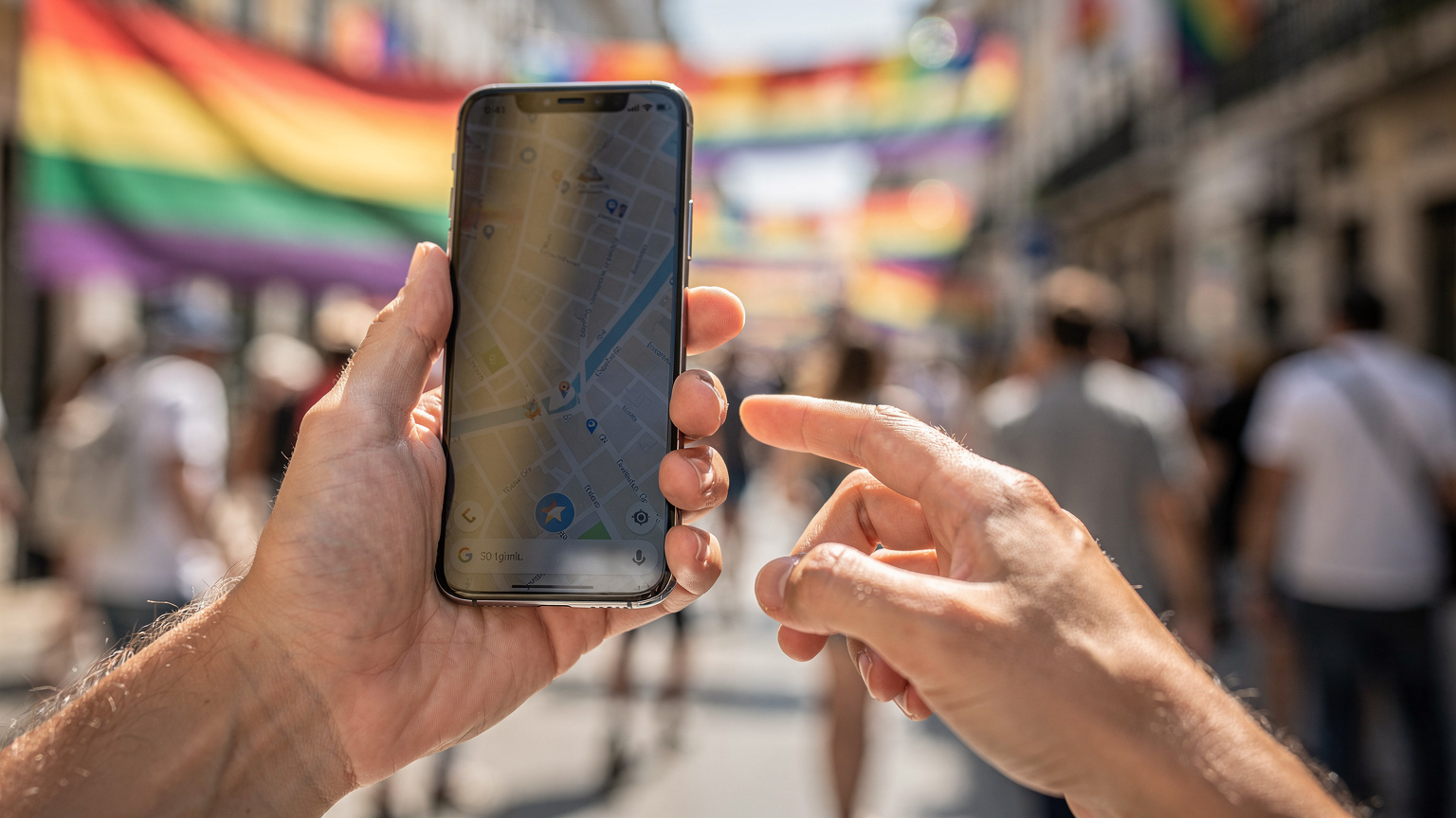 Mãos de uma pessoa segurando um smartphone com um mapa de Lisboa aberto, enquanto caminha por uma rua movimentada com bandeiras arco-íris.