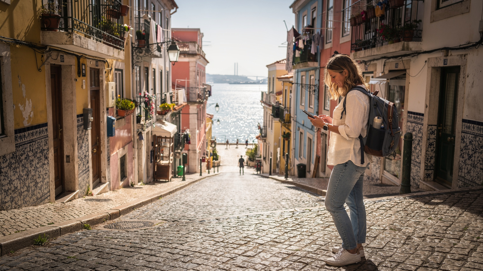 Uma turista usando o celular para navegar pelas ruas coloridas de Alfama em Lisboa, com o rio Tejo ao fundo.