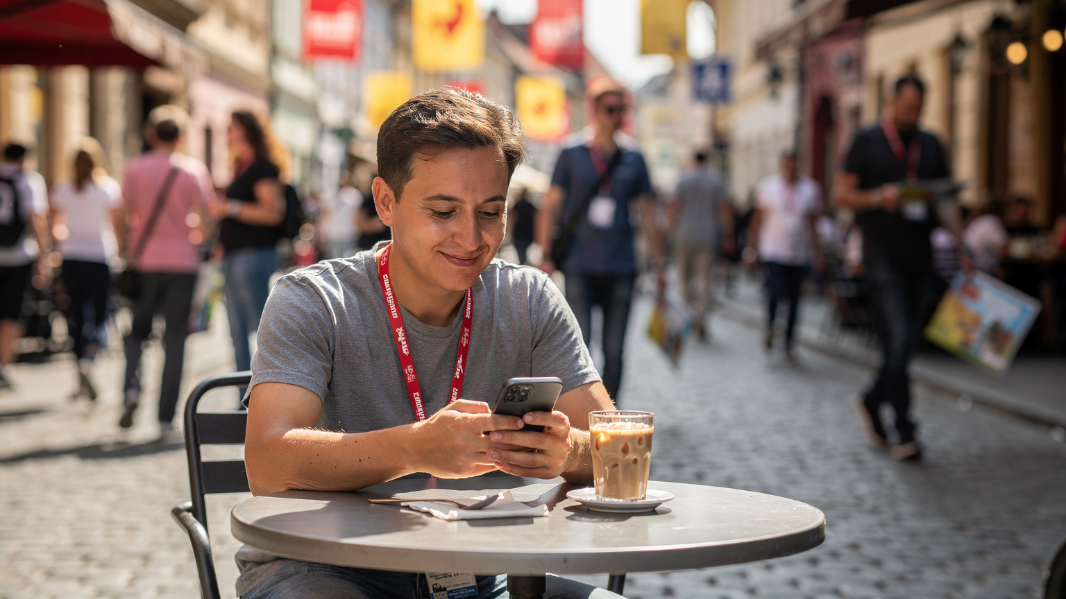 O persoană stând la o masă mică în aer liber, pe o stradă pietonală animată din Cluj, cu un pahar de cafea în față, tastând relaxat pe telefon, cu o atmosferă de festival în jurul său, sugerând libertatea de a fi conectat oriunde.