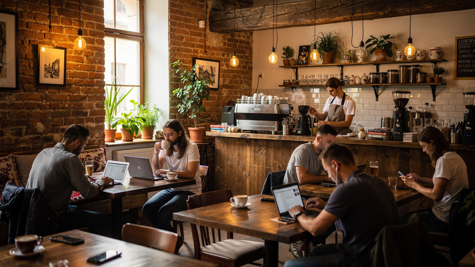 O scenă vibrantă dintr-o cafenea aglomerată din centrul vechi al Clujului, cu oameni folosind laptopuri și telefoane la mese, iar o barista pregătind cafea în fundal, sugerând o atmosferă plină de energie și conectivitate.