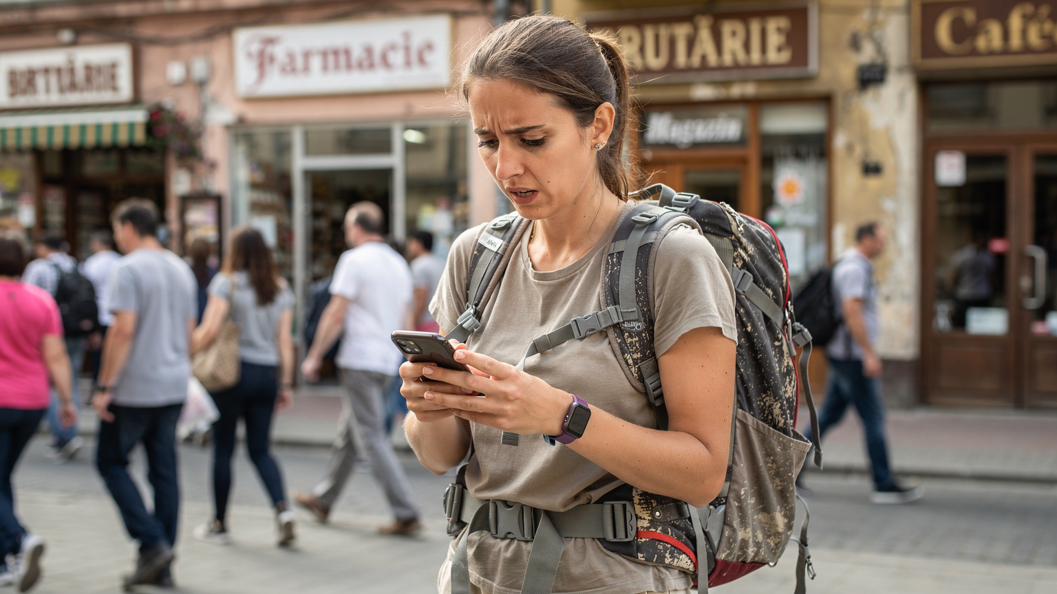 O persoană cu un rucsac de călătorie, consultând telefonul cu o expresie ușor frustrată, în timp ce încearcă să găsească un magazin de telefonie într-o zonă aglomerată din Cluj-Napoca, cu indicatoare în română și grupuri de oameni în jur.