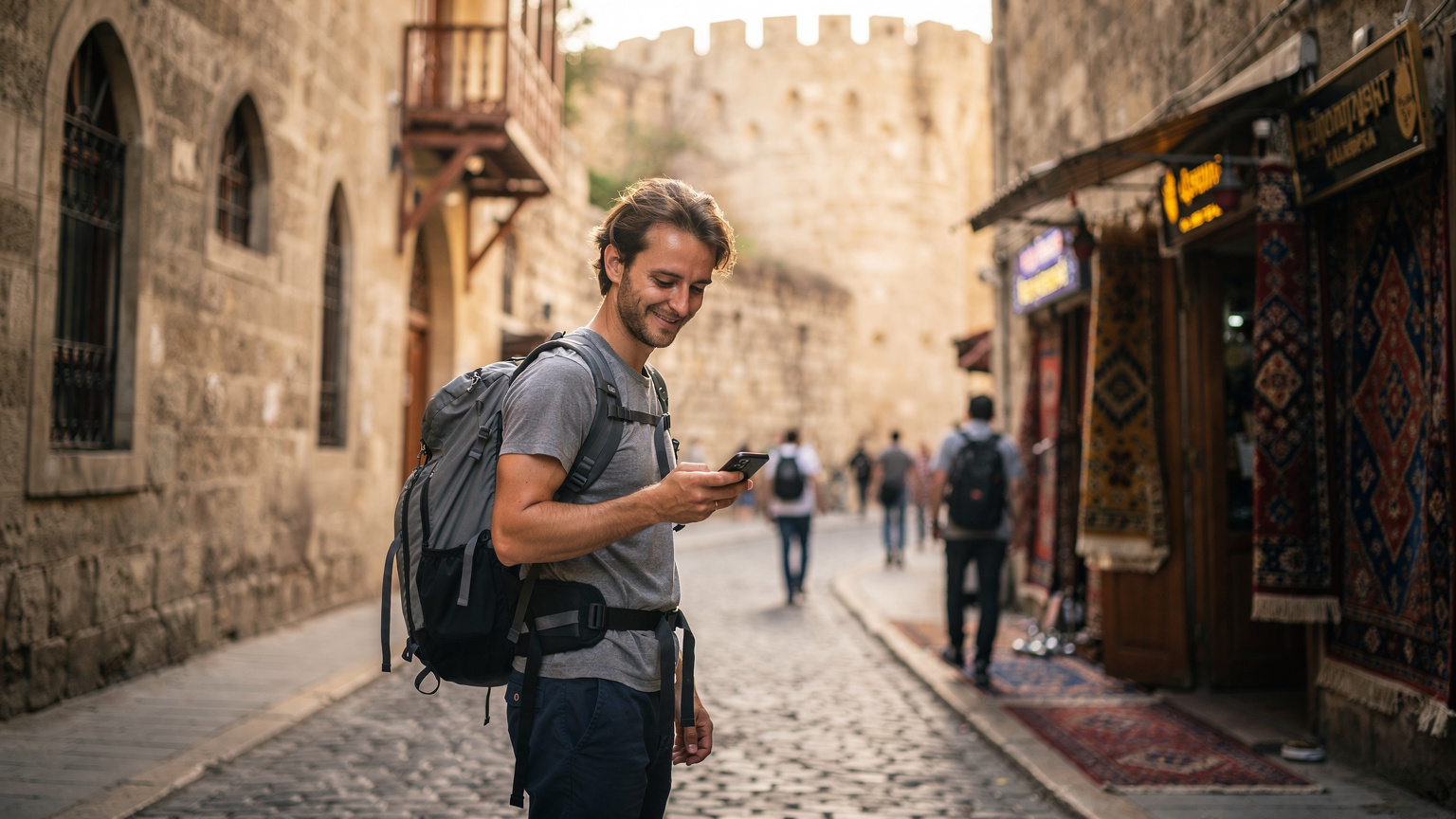 A traveler in Baku Old City confidently navigates their phone, effortlessly connected via eSIM, avoiding the typical frantic search for local SIM cards.