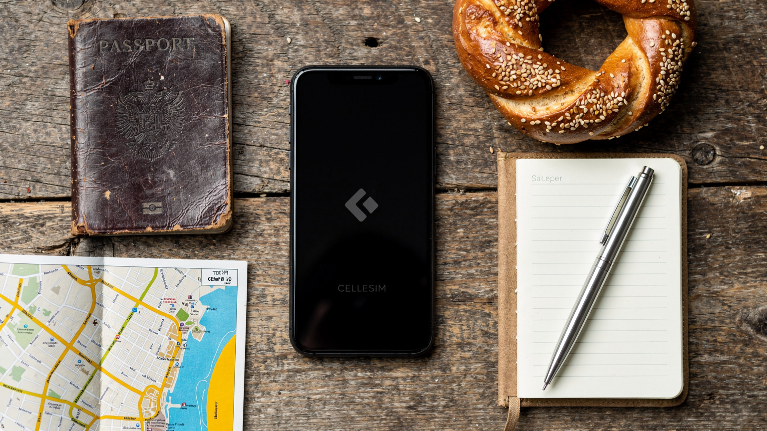An overhead flat-lay of essential travel items: a Cellesim-branded phone (no visible UI text), a well-worn passport from a European country, a small notebook and pen, a local Azerbaijani simit bread, and a detailed paper map of Baku, all arranged on a rustic wooden table.