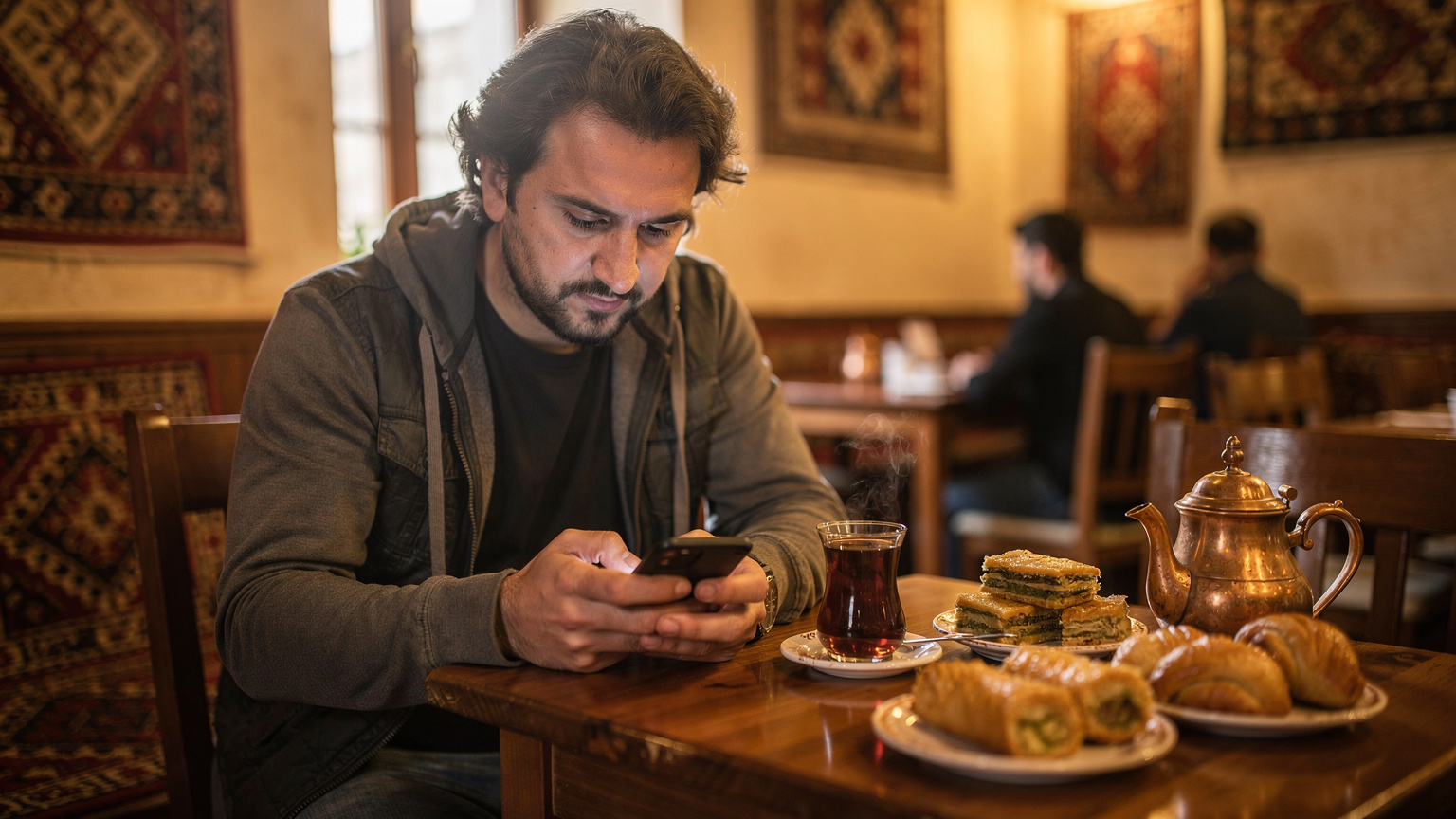 A traveler discreetly uses their smartphone to check their eSIM data plan at a bustling tea house in Baku's Old City, with traditional Azerbaijani tea sets and pastries on the table.