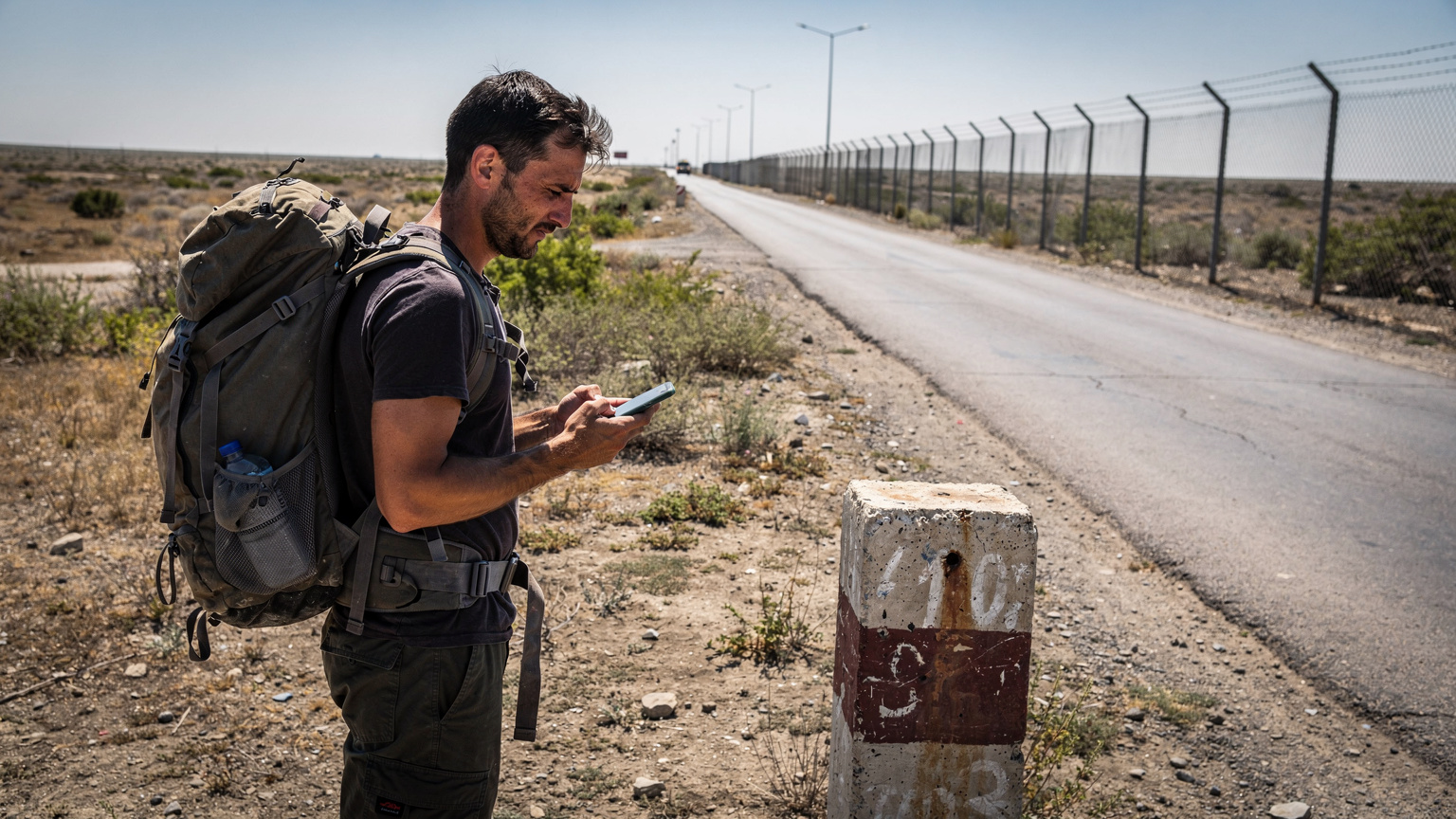 A backpacker looks slightly confused, squinting at their phone screen while standing near a border crossing marker between Azerbaijan and Georgia, with a slightly anxious expression, symbolizing a common travel dilemma.