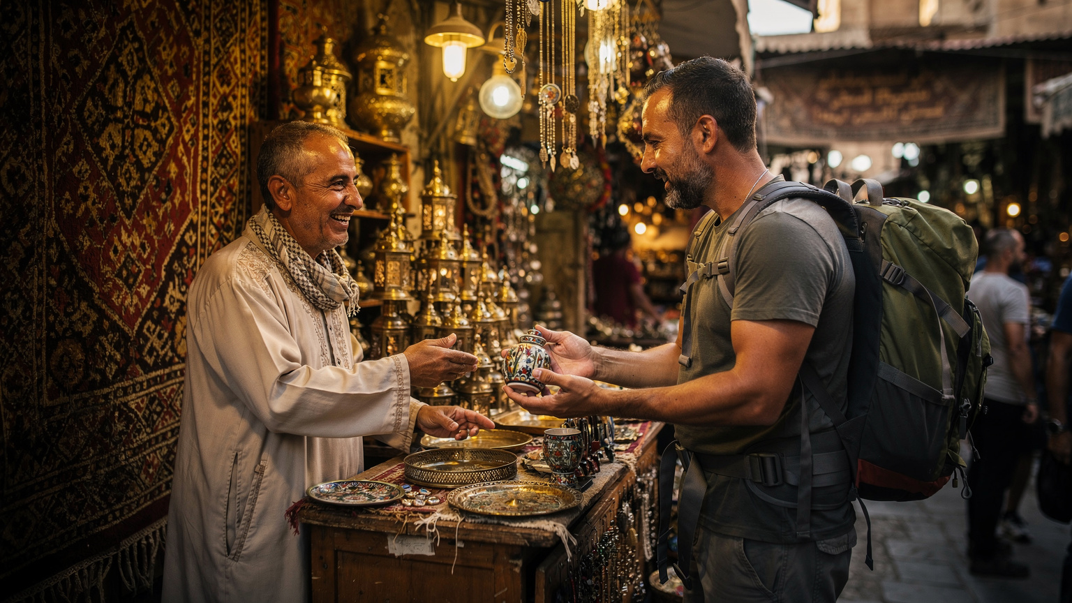 Un viaggiatore contratta il prezzo di un souvenir in un vivace mercato egiziano, con tessuti e gioielli artigianali esposti.