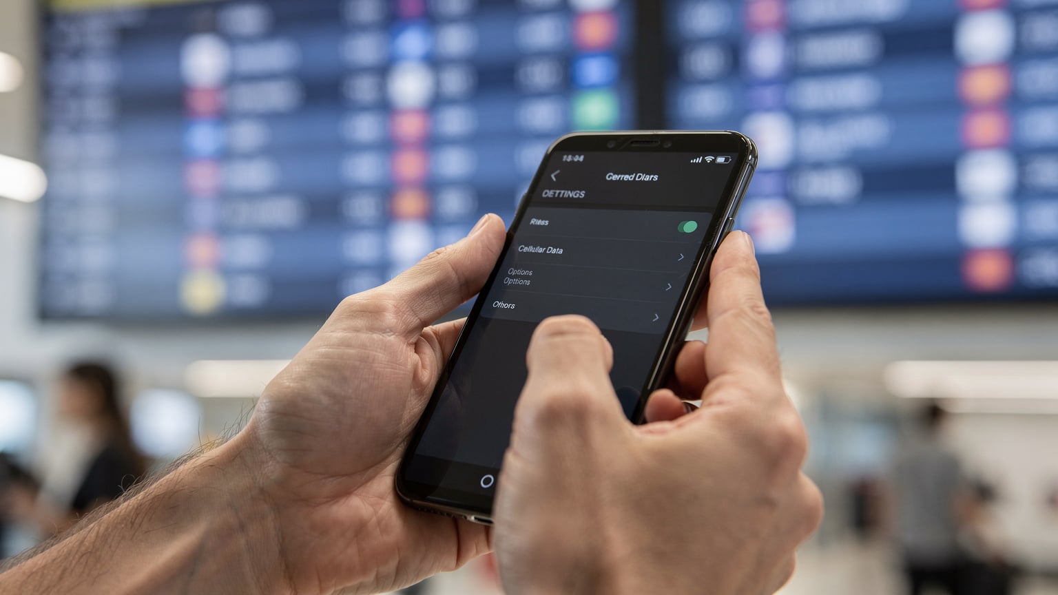 A close-up shot of hands carefully tapping through the settings menu of a modern smartphone, displaying cellular data options, with a blurry background of an airport departure board.