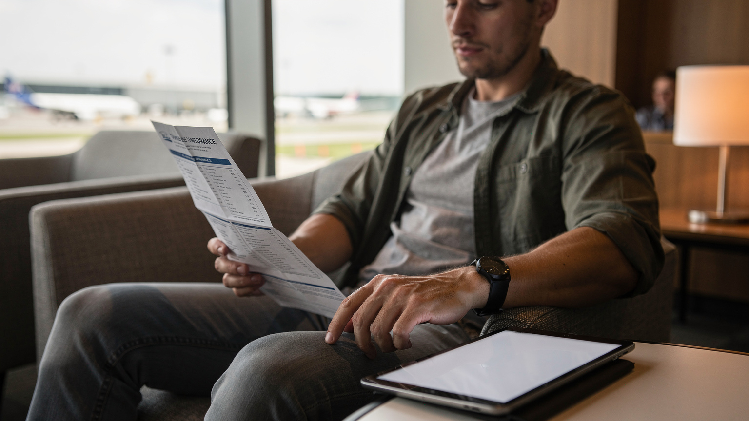 A traveler diligently reviewing their travel insurance documents and itinerary on a tablet inside a well-lit, quiet airport lounge before their flight to the United States.