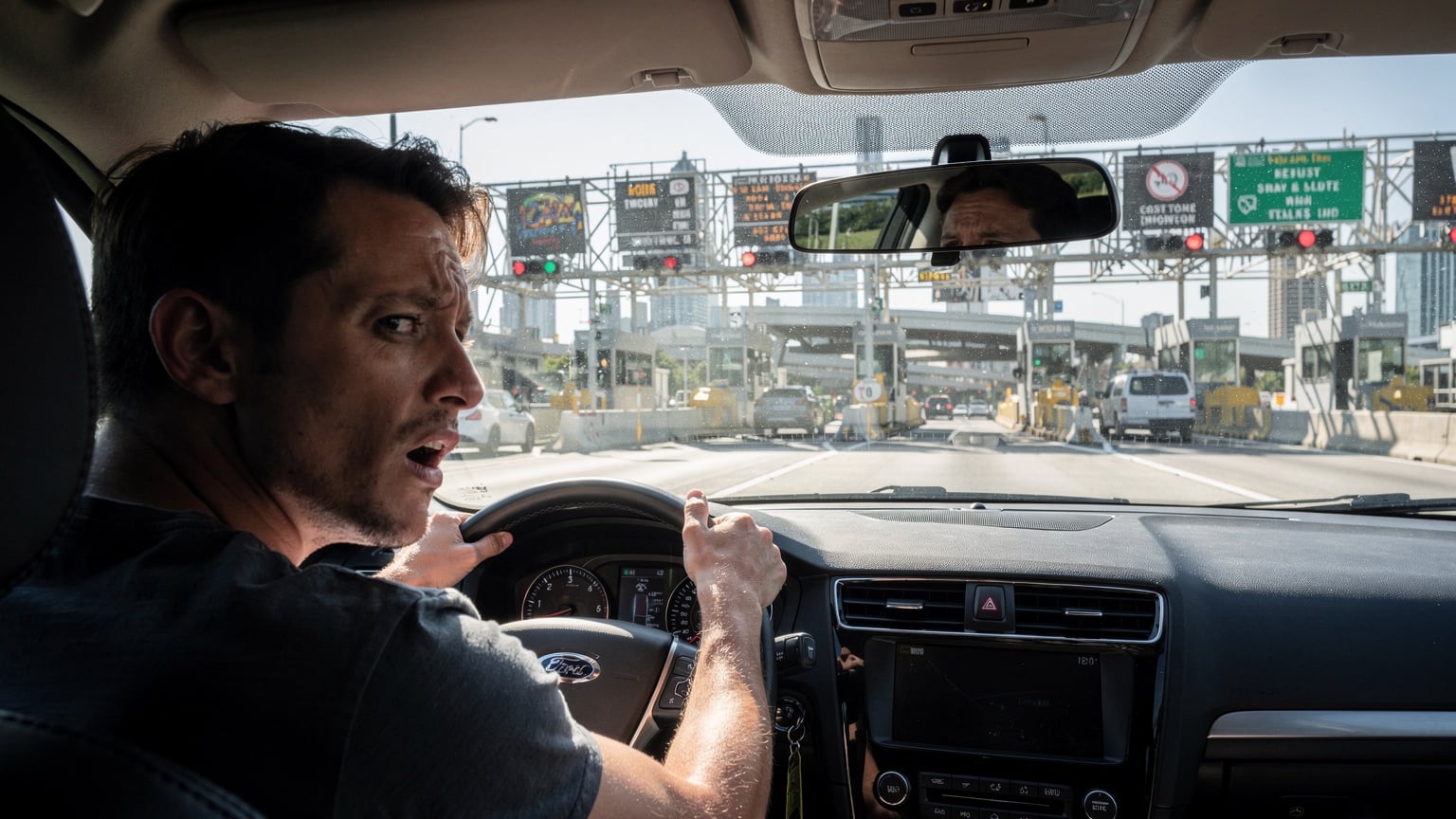 A traveler looking slightly frustrated at a complex array of toll booth signs on a busy highway near a major US city, trying to understand payment options.