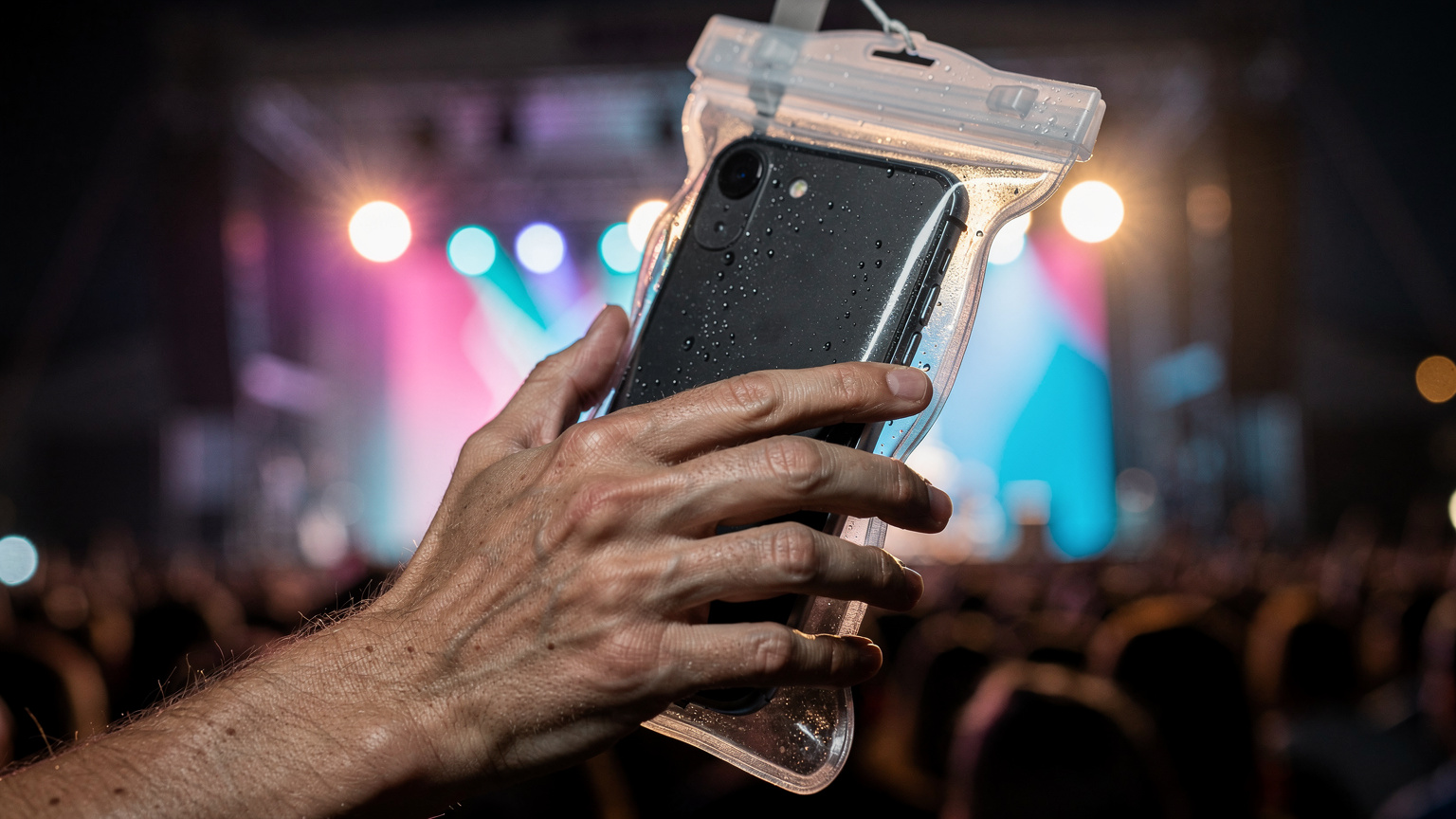 Nahaufnahme einer Hand, die ein Smartphone schützend in einem durchsichtigen, wasserdichten Beutel hält, während im Hintergrund verschwommen die Lichter einer Festivalbühne zu sehen sind.