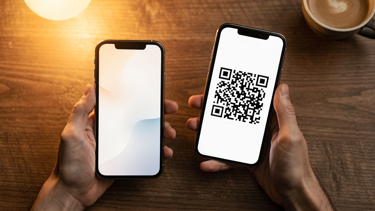 Bir kafede, elinde akıllı telefon ve bir fincan kahve ile eSIM QR kodunu tarayan bir kişi, telefon ekranında bir aktivasyon mesajı görünüyor.