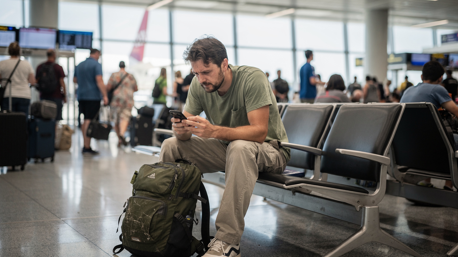 Ein Reisender am Flughafen Los Angeles sucht frustriert nach einem WLAN-Hotspot, während seine physische SIM-Karte nicht funktioniert.