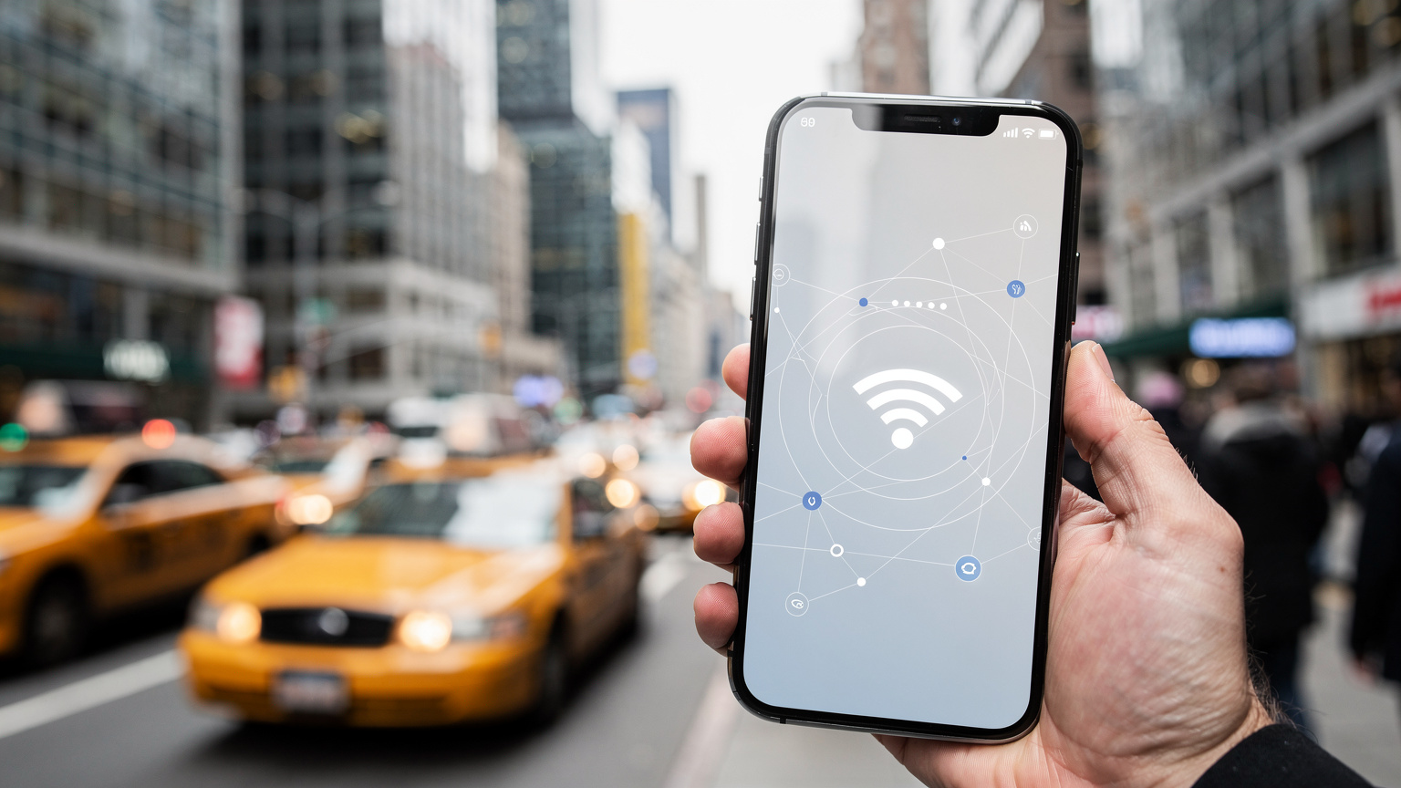 Eine Nahaufnahme eines Smartphones, dessen Bildschirm eine WLAN-Suche an einem belebten Ort in New York City anzeigt, mit dem ikonischen gelben Taxi im Hintergrund.