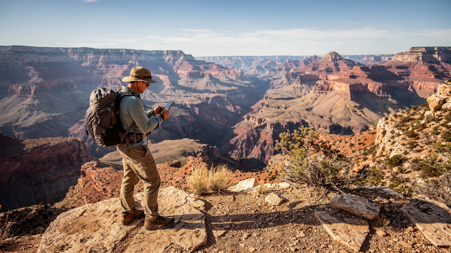 Ein Wanderer überprüft auf seinem Smartphone die Karte in den weiten Landschaften des Grand Canyon Nationalparks. Die Sonne steht hoch und wirft lange Schatten.