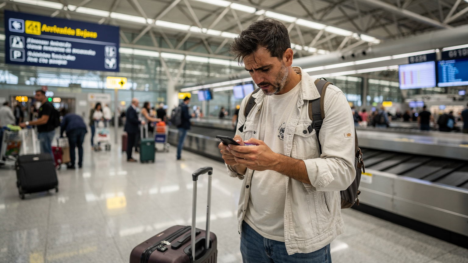 Een overvolle aankomsthal van een drukke Spaanse luchthaven, met een gefrustreerde reiziger die met bezorgde blik naar zijn telefoon staart, zoekend naar een internetverbinding. Andere reizigers lopen gehaast voorbij op de achtergrond.