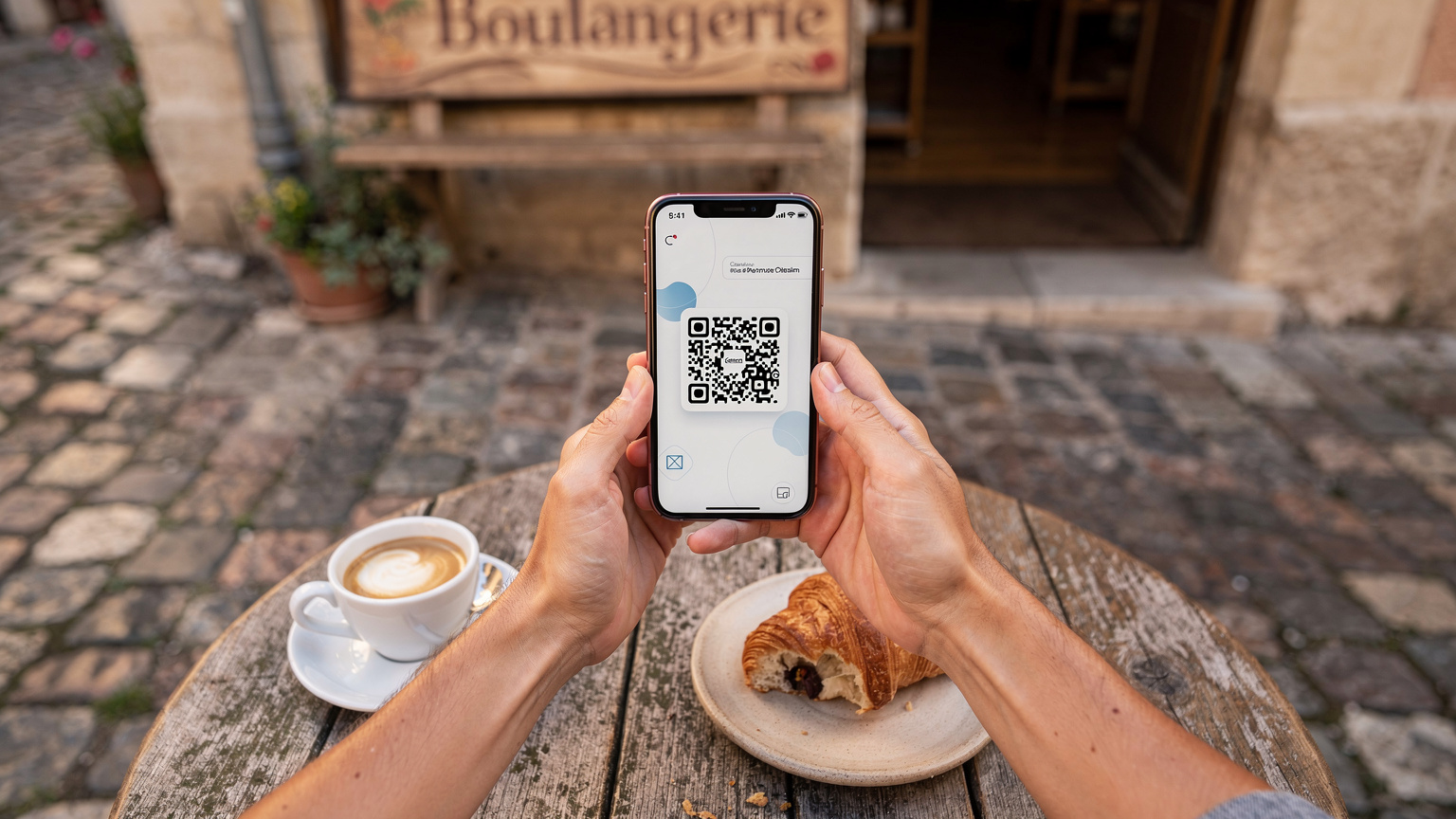 Een persoon zit aan een charmante cafétafel in een Frans dorp, met de telefoon open op de Cellesim app, bezig met het installeren van een eSIM via een QR-code. Op de achtergrond is een traditionele Franse bakkerij zichtbaar.