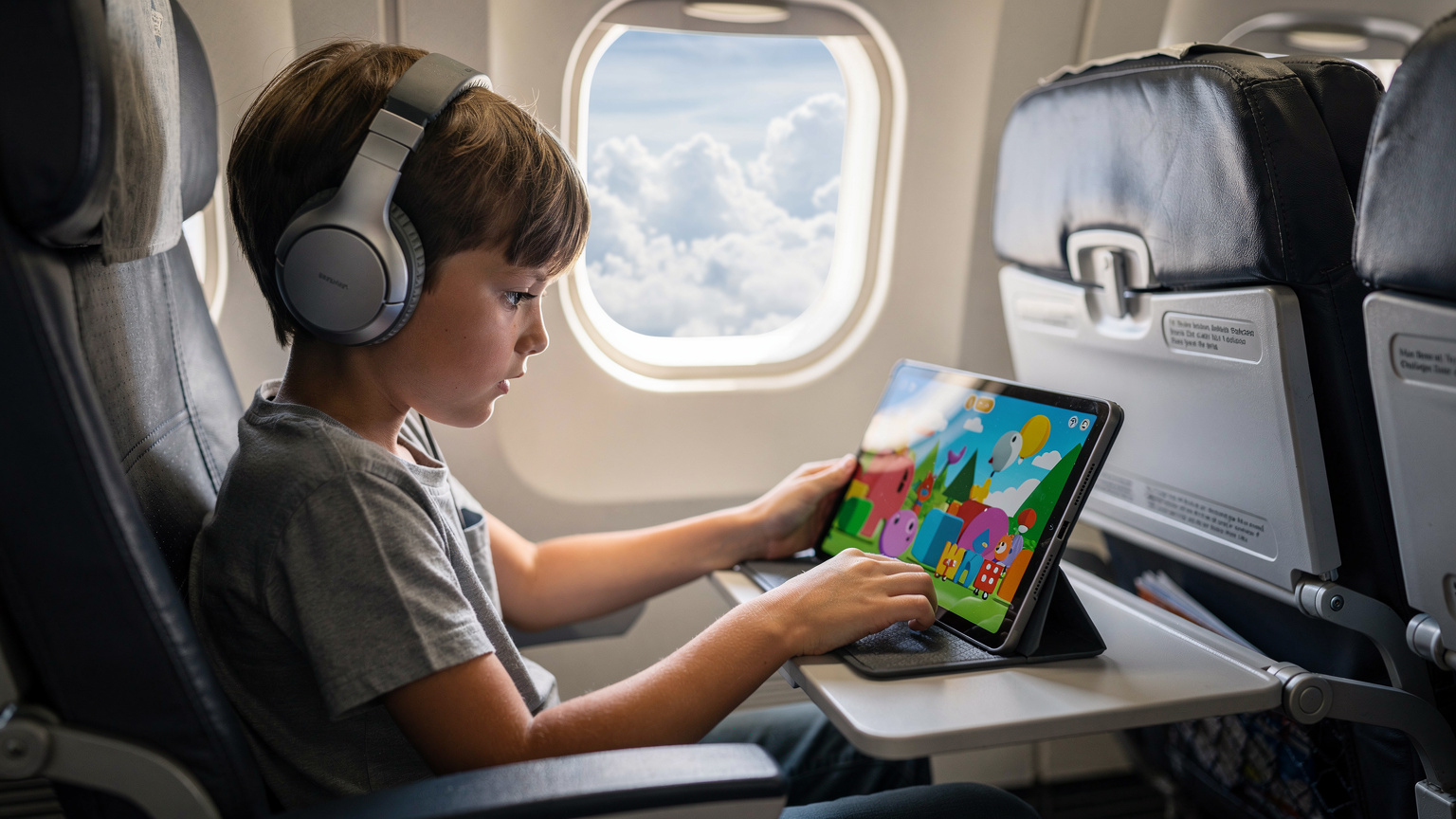 Ein Kind, etwa 8 Jahre alt, konzentriert sich auf ein Tablet in einem Flugzeugsitz, auf dem eine bunte, kindgerechte App angezeigt wird, um es während der Reise zu unterhalten.