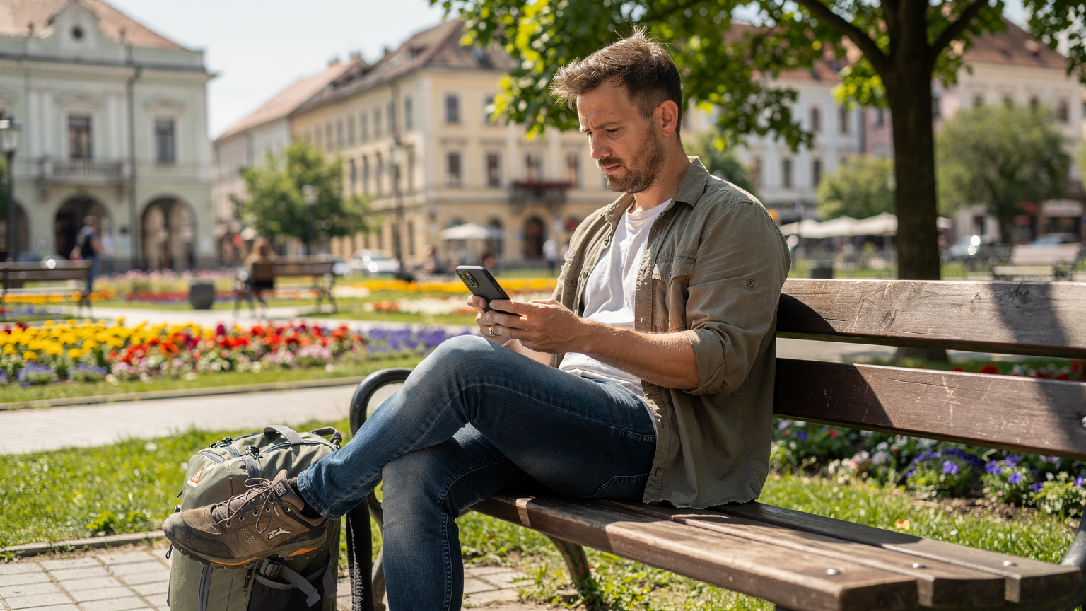 Un călător verifică opțiunile de eSIM pe un Google Pixel, așezat pe o bancă într-un parc plin de verdeață din zona centrală a Clujului.