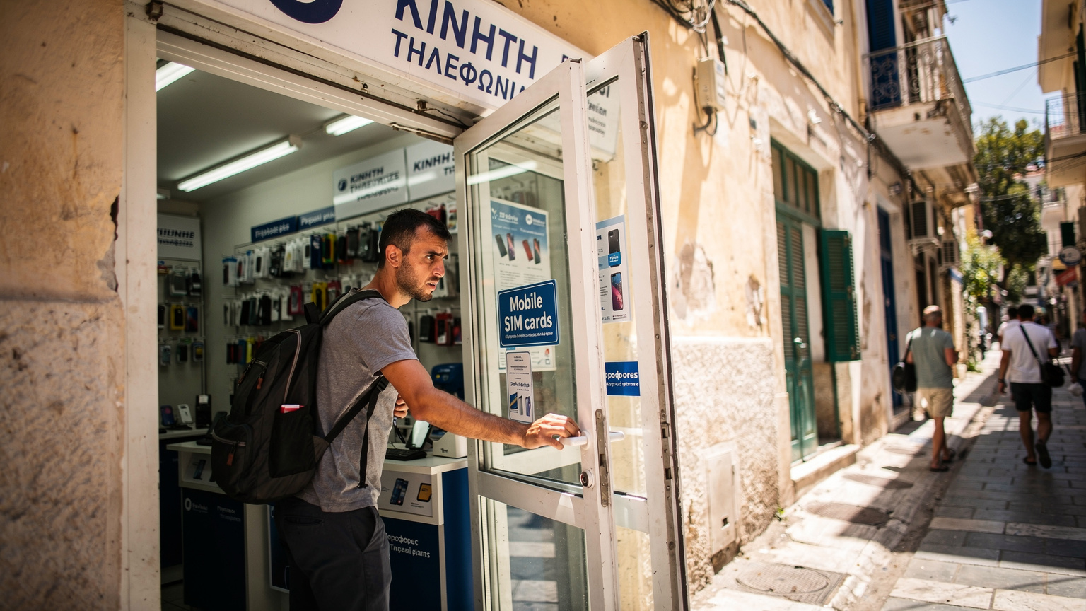 Un călător român intră într-un magazin de telefonie mobilă într-un oraș aglomerat din Grecia, cu fața ușor încruntată, căutând un SIM local, în timp ce alți localnici trec grăbiți.