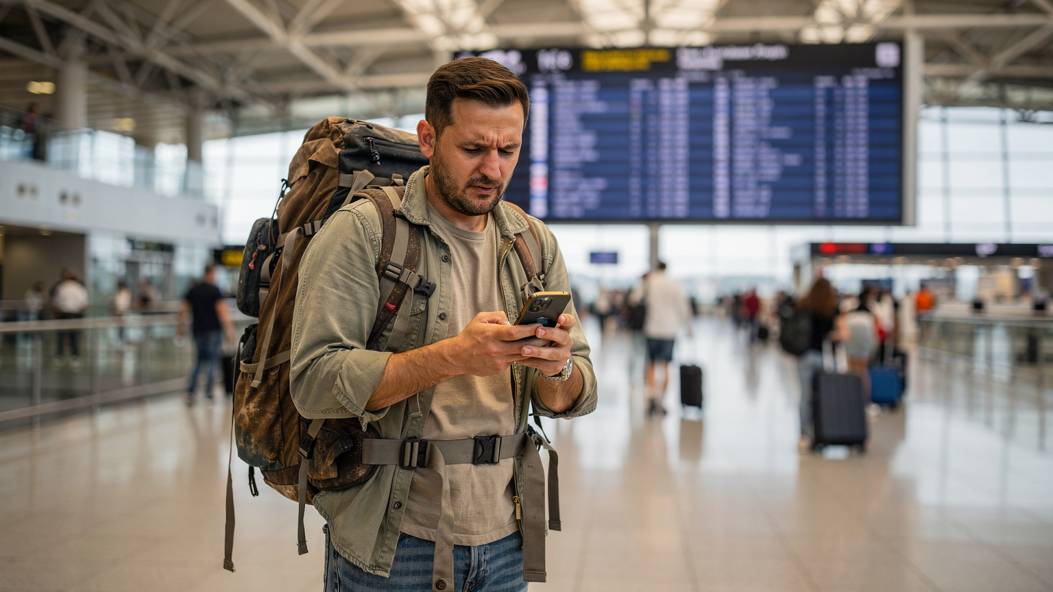 O persoană în aeroportul Otopeni, cu un rucsac mare, arată o ușoară frustrare în timp ce se uită la telefon, cu un panou de plecări în fundal, sugerând o problemă de conectivitate înainte de zbor.
