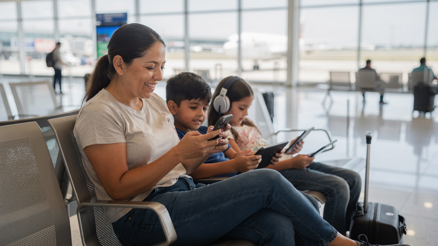 Una madre sonriente activa una eSIM en su iPhone mientras espera en la zona de embarque del aeropuerto de Guayaquil, Ecuador. Sus dos hijos, un niño y una niña, están sentados a su lado, entretenidos con sus tablets y auriculares. El fondo muestra otros viajeros y puertas de embarque.
