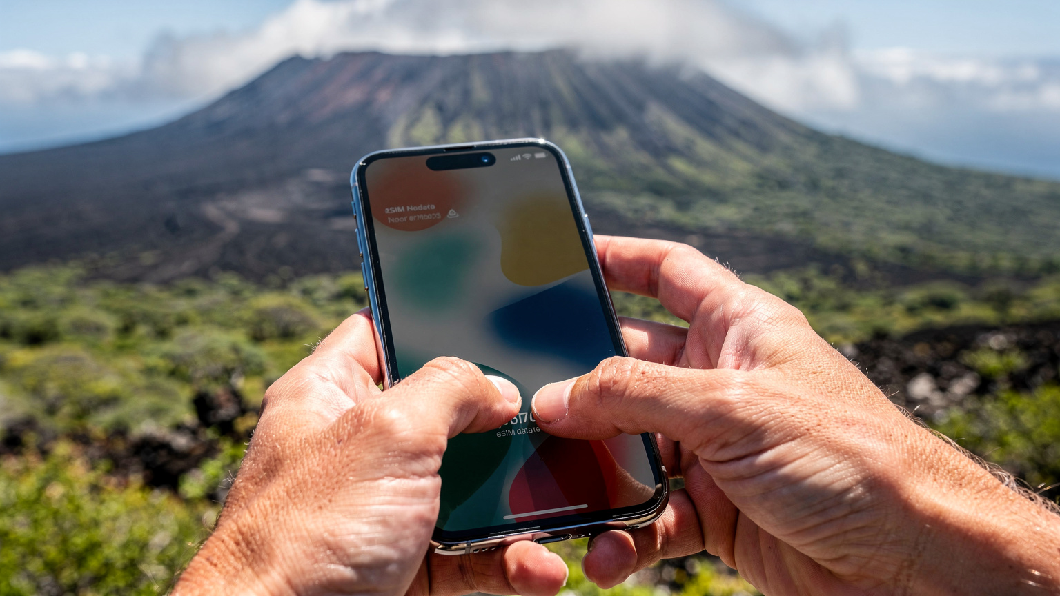 Manos de un viajero sosteniendo un smartphone, consultando el saldo de datos de su eSIM a través de una aplicación. Al fondo, se distingue el paisaje icónico de un volcán de Galápagos. La luz del sol es brillante y natural, realzando la belleza del entorno.
