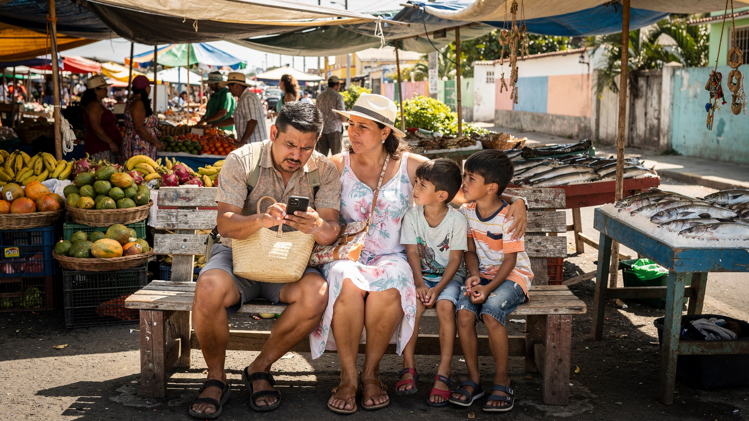 Una familia sentada en un banco en un animado mercado local de Puerto Ayora, Galápagos. El padre intenta arreglar un teléfono, mostrando signos de frustración por la falta de señal, mientras la madre y los dos niños esperan pacientemente. El ambiente es auténtico, con puestos coloridos y gente local de fondo.