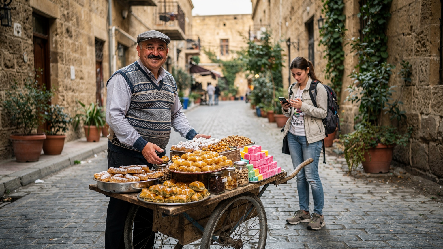 Bakü'nün tarihi İçerişehir'indeki dar bir ara sokakta, bir sokak satıcısı geleneksel Azerbaycan tatlıları satarken, arka planda bir turist telefonundan rota kontrol ediyor.