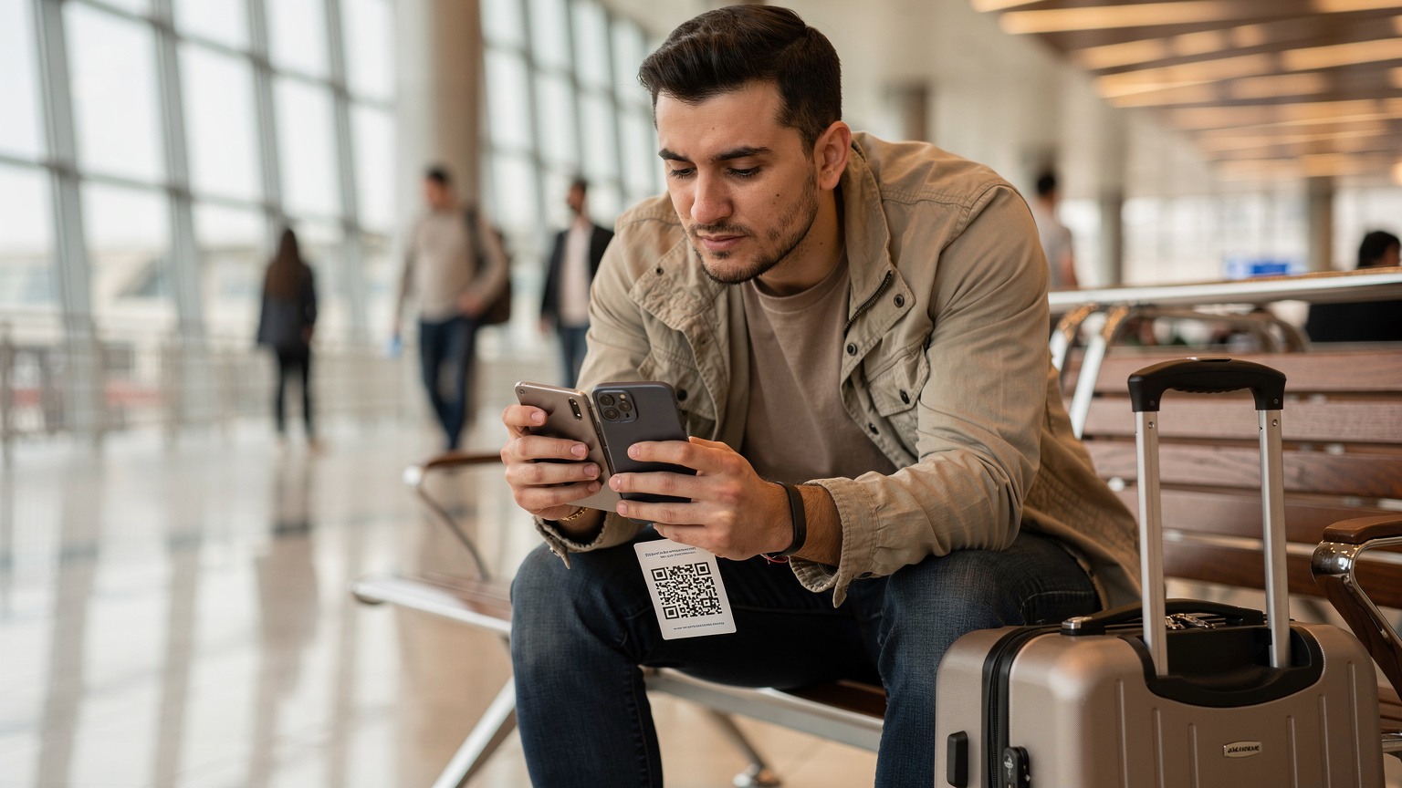 Bakü tren istasyonunda, valiziyle bekleyen bir gezgin, telefonundan eSIM kurulumu yaparken dikkatle QR kodu tarıyor.