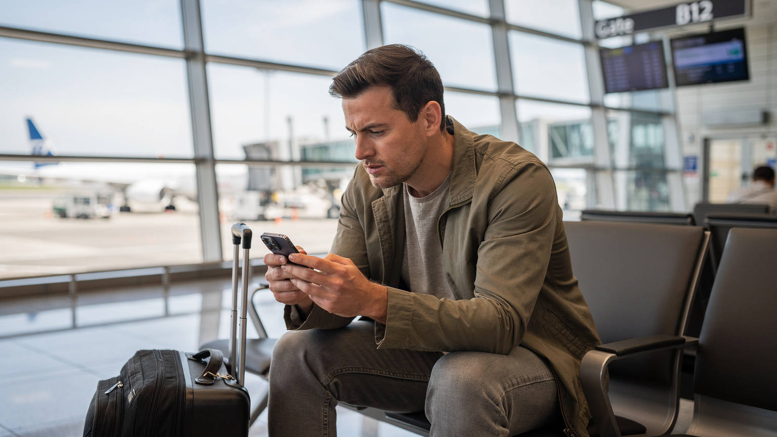 Ein Reisender am Flughafen Berlin Brandenburg (BER) wartet auf seinen Flug und richtet auf seinem iPhone eine eSIM ein, um auf der Reise verbunden zu sein.