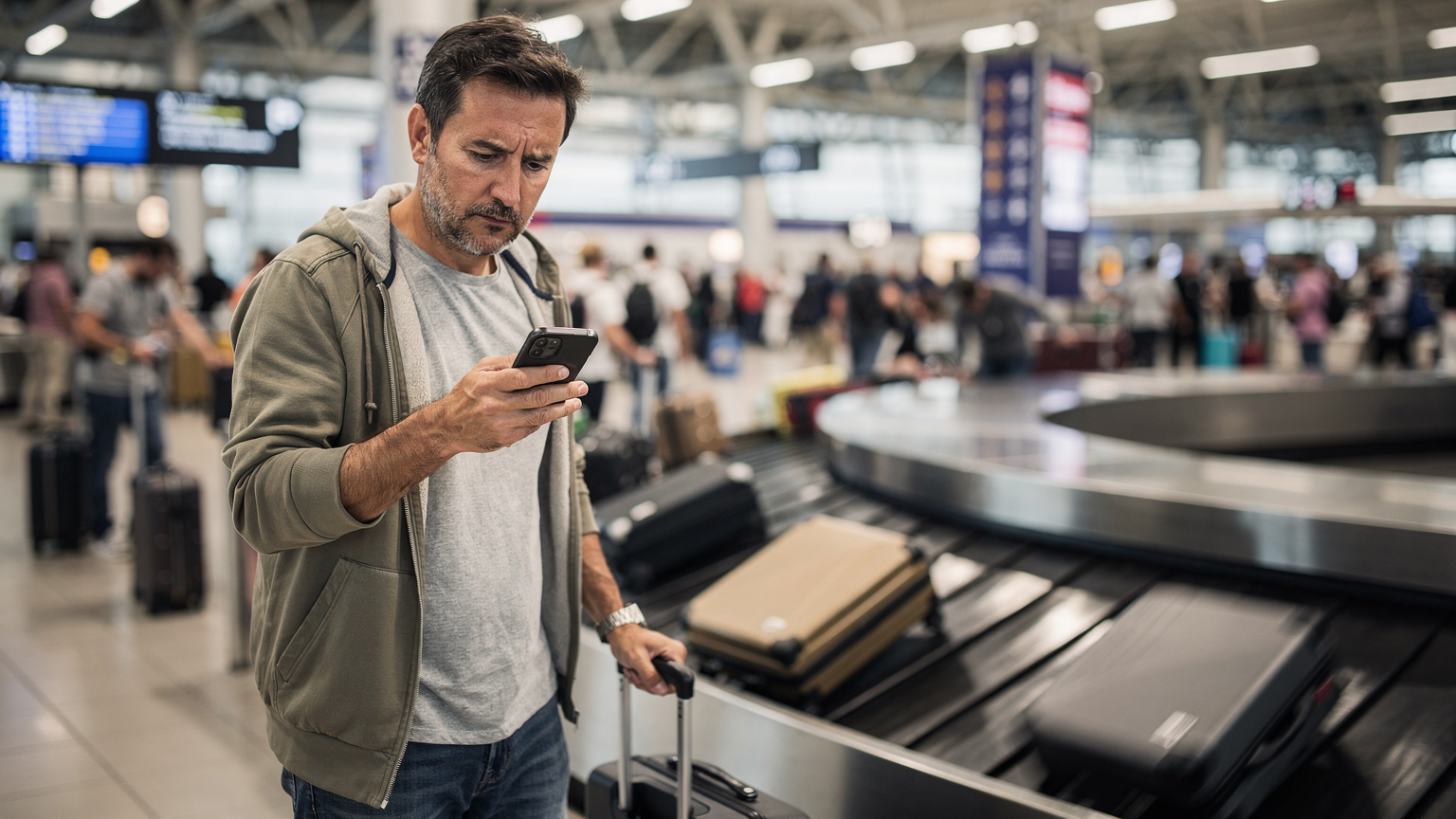 Ein Reisender schaut besorgt auf sein Smartphone, das keinen Empfang hat, während er am Flughafen auf sein Gepäck wartet. Ein Sinnbild für Konnektivitätsprobleme auf Reisen.