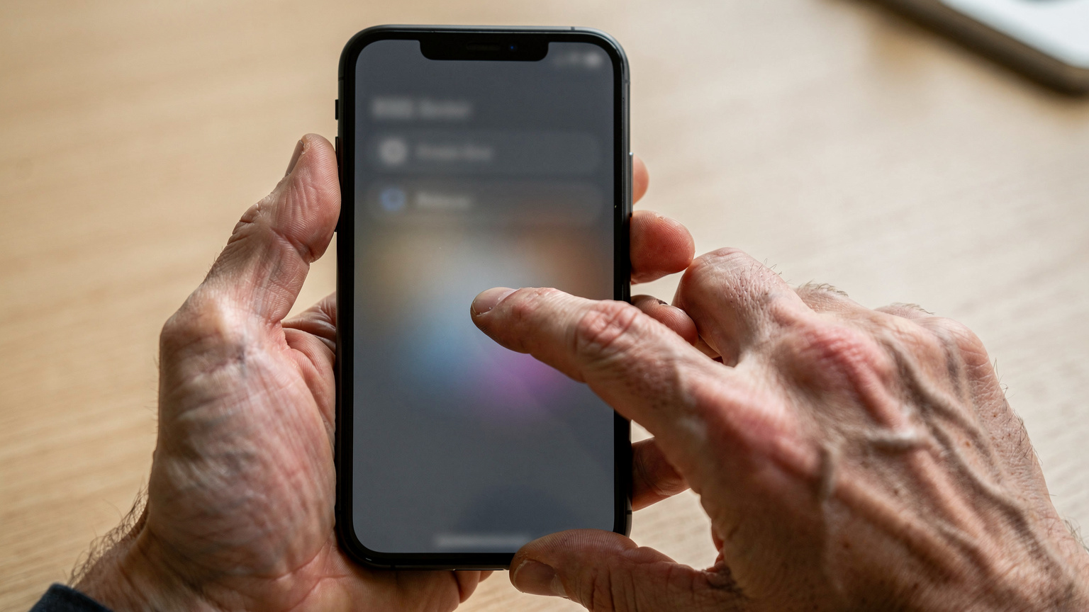 Nahaufnahme einer Hand, die ein Smartphone hält und durch die Einstellungen scrollt, um die eSIM-Optionen zu finden.