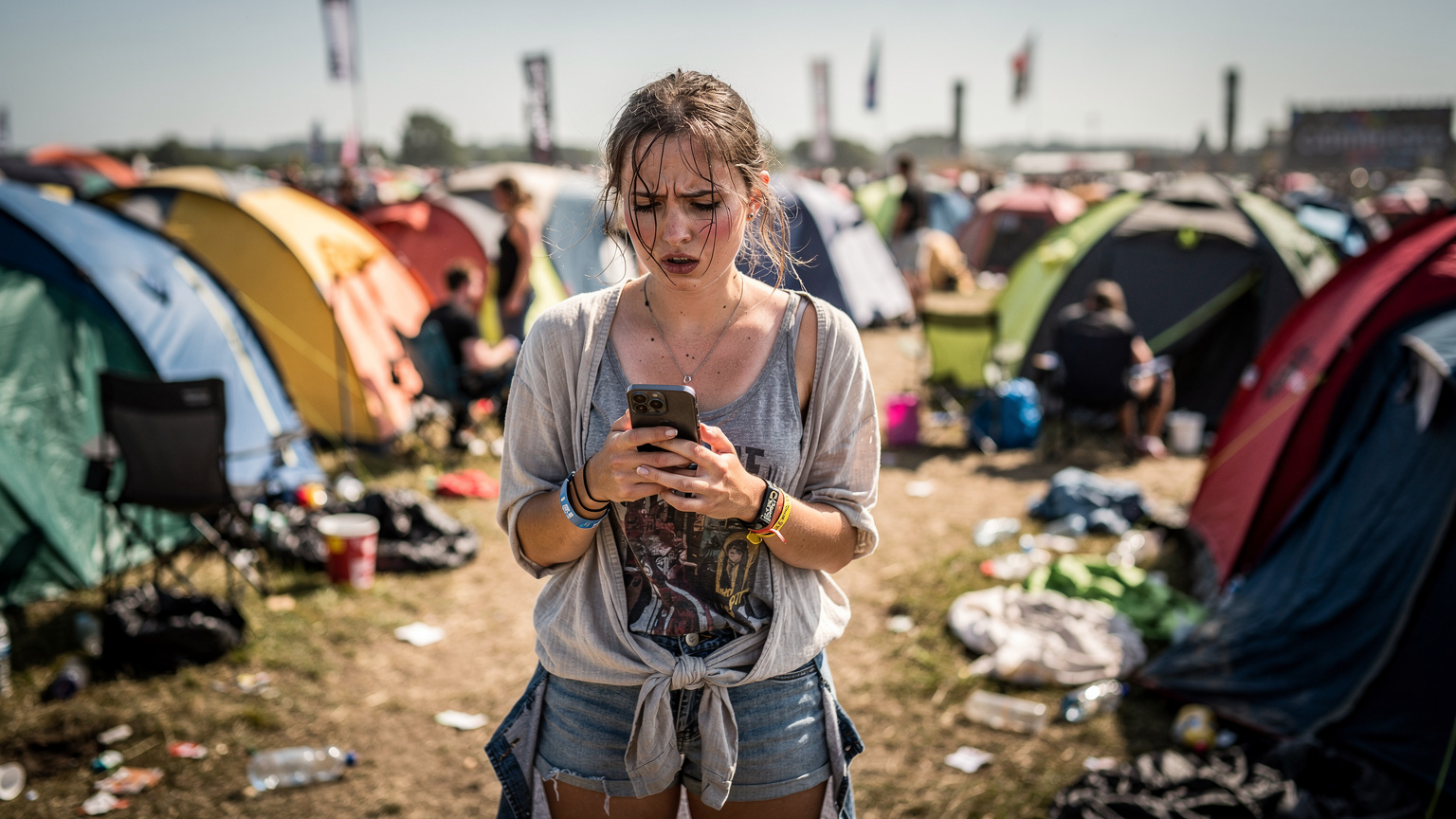 En ung kvinde i festivaltøj med et bekymret udtryk på sin smartphone i den tætpakkede festivalcamping, med telte og støjende omgivelser i baggrunden.